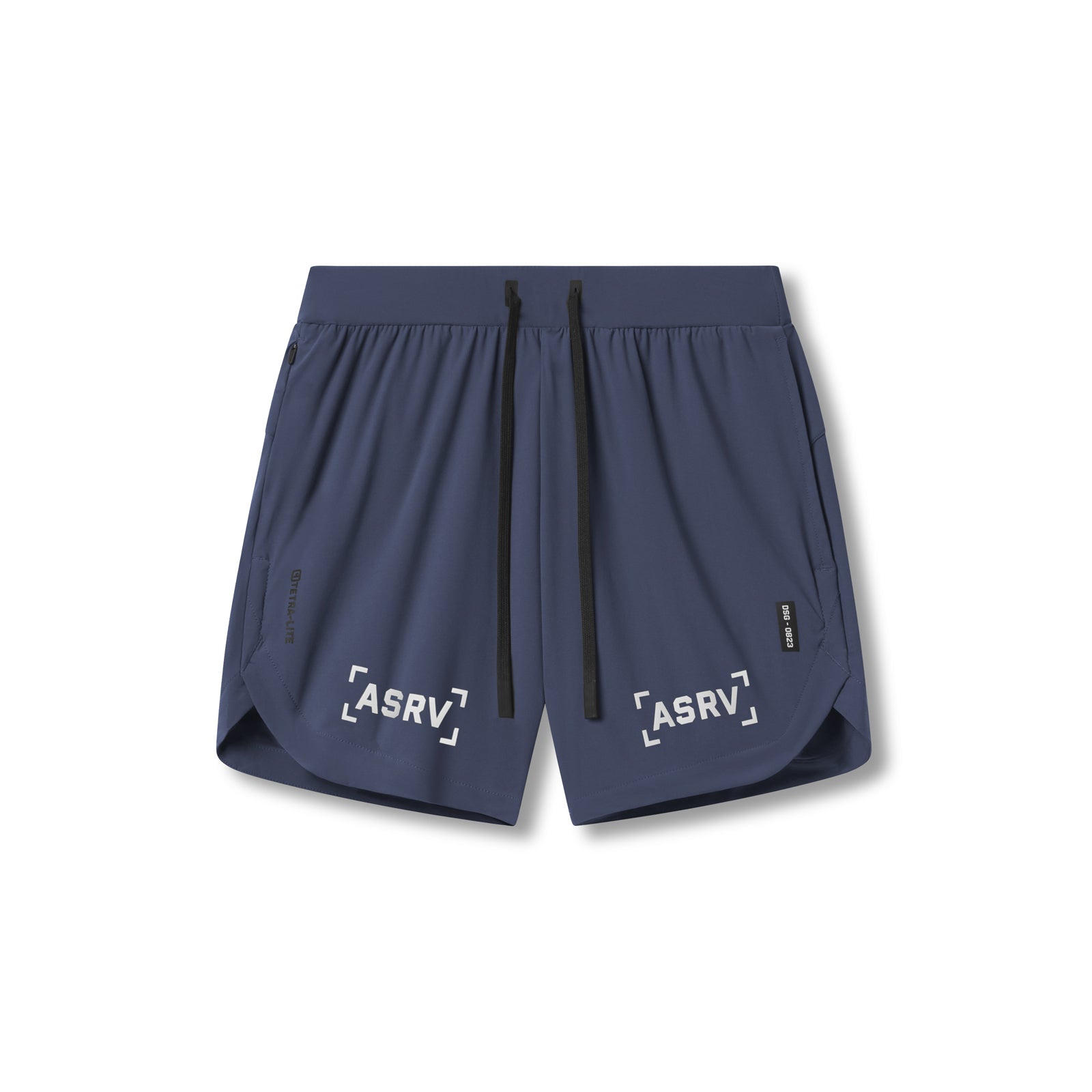 Flatlay of ASRV Tetra-Lite 7" Linerless Shorts in navy with white bracket logo, front view