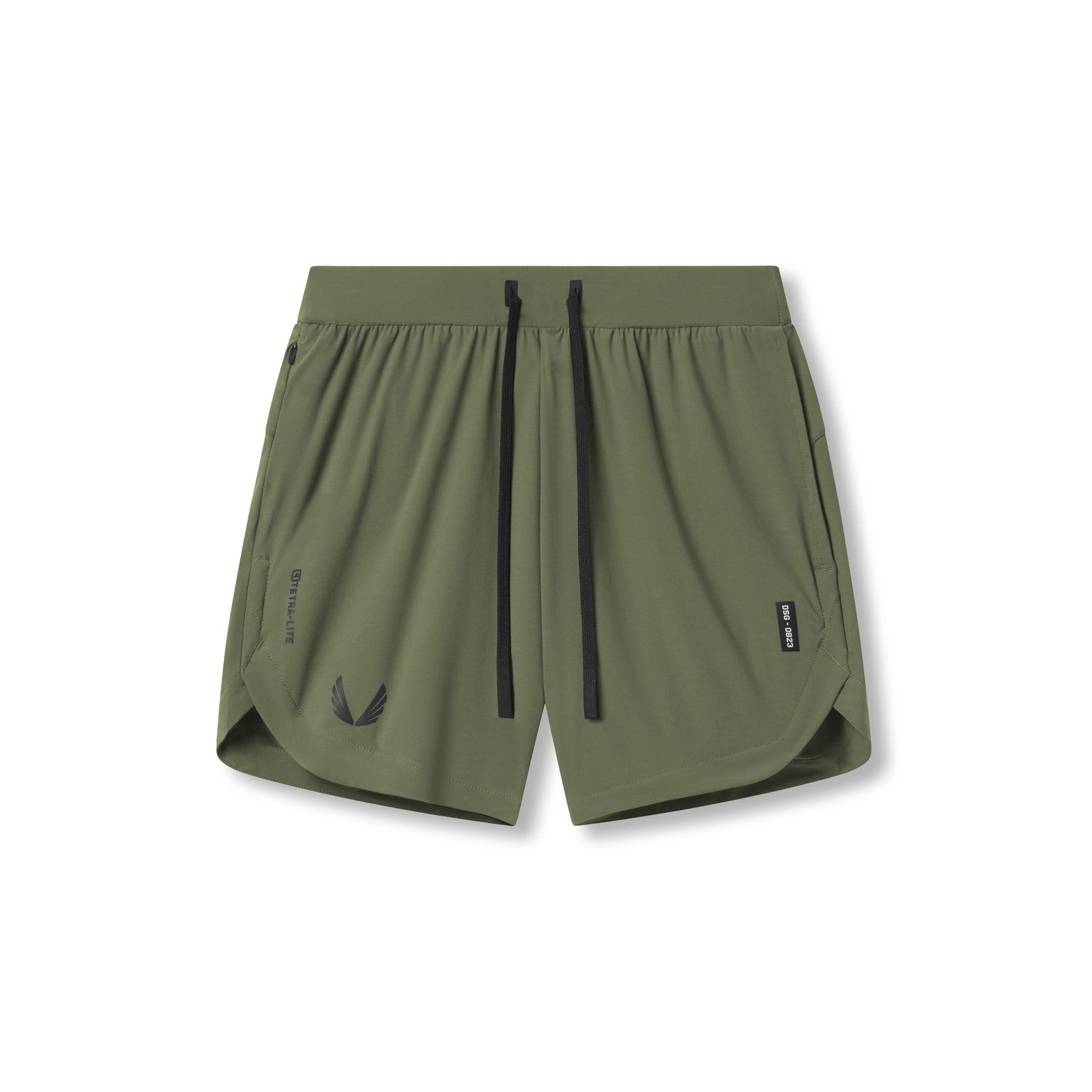 Flatlay of Tetra-Lite 7" Linerless Shorts in olive with wings logo, front view