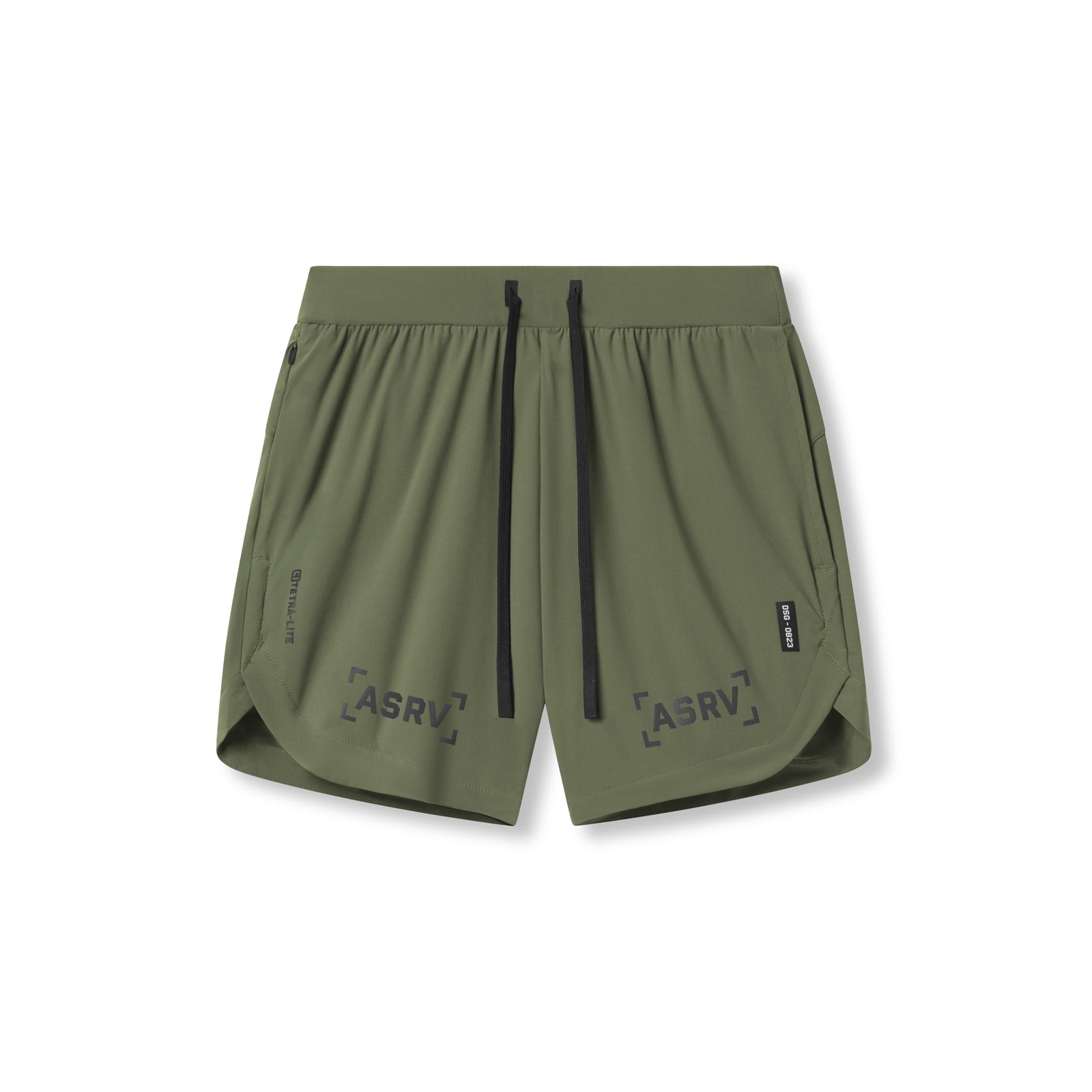 Flatlay of Tetra-Lite 7" Linerless Short in olive with bracket logo detail, front view