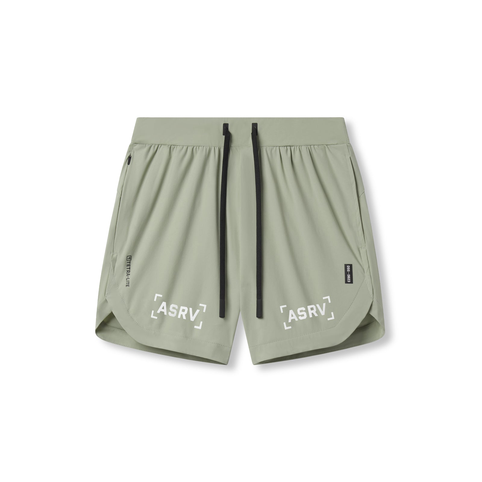 Flatlay of ASRV Tetra-Lite 7" Linerless Shorts in sage with bracket logo, front view