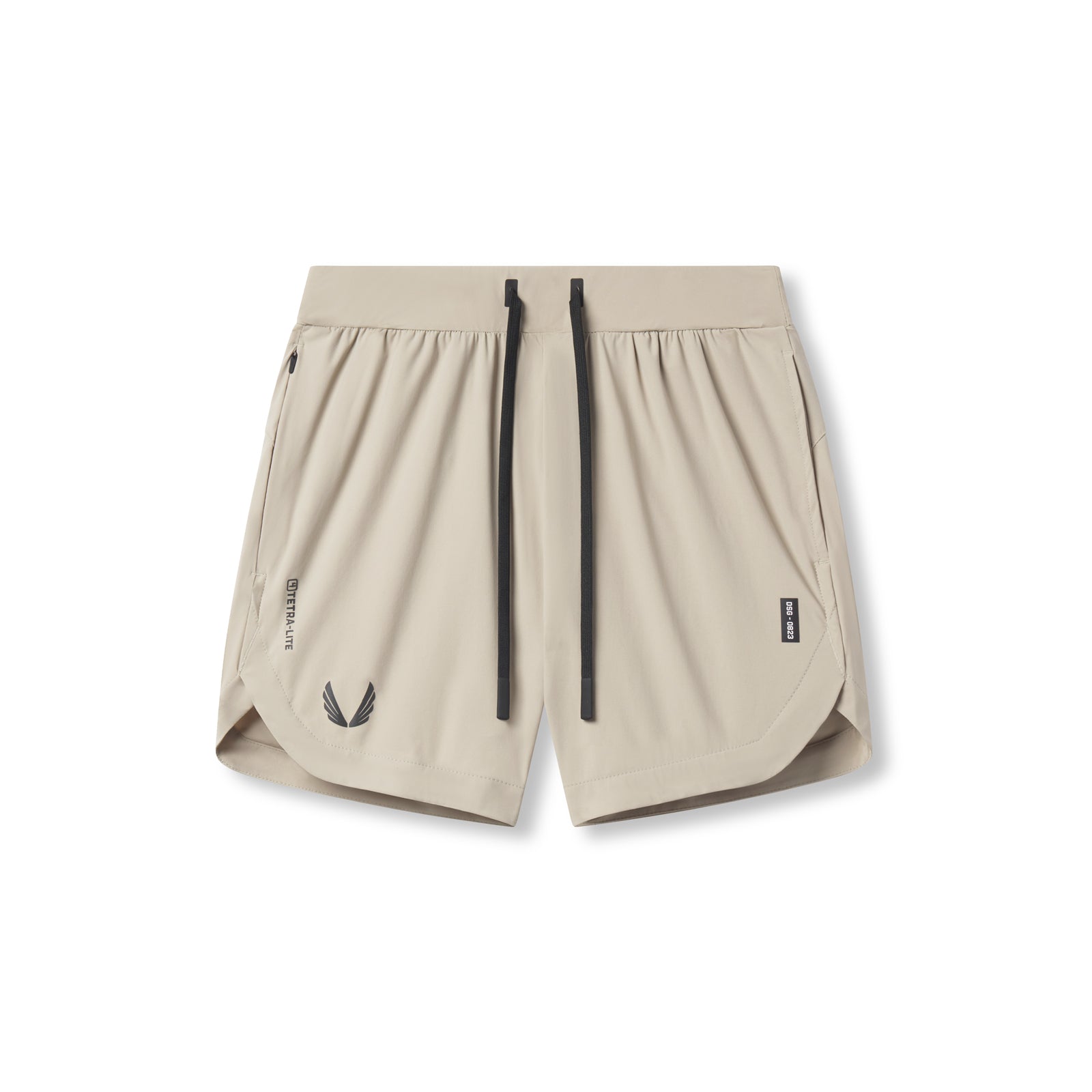Flatlay of Tetra-Lite 7" Linerless Short in Sand Smoke with Wings logo, front view