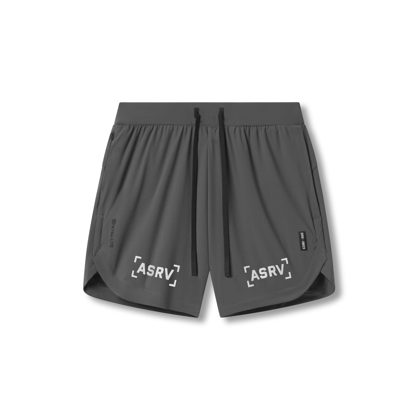 Flatlay of ASRV Tetra-Lite 7" Linerless Short in raven gray with bracket logo detail