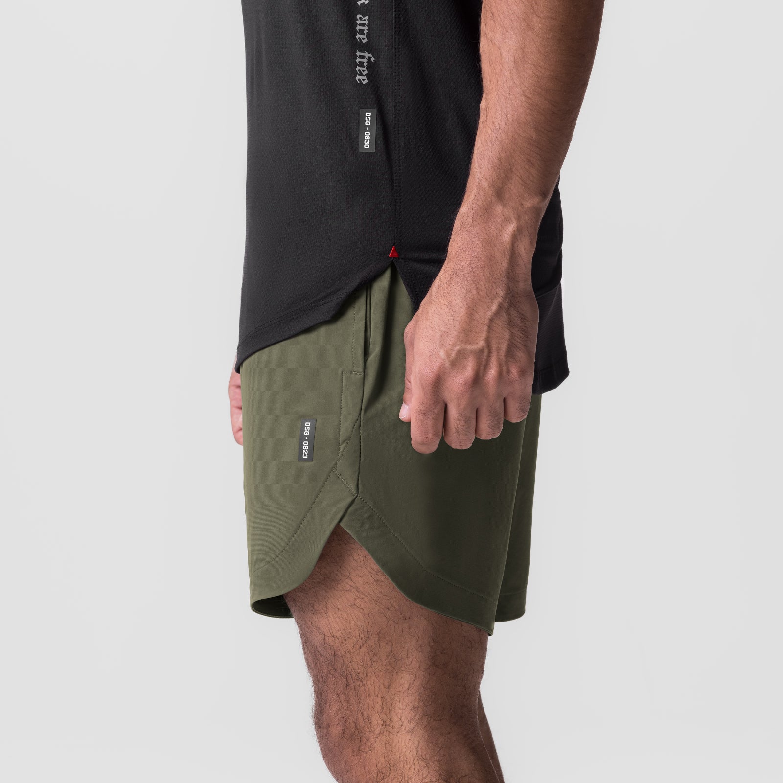 Tetra-Lite 7" Linerless Short in olive, modeled on person, side view
