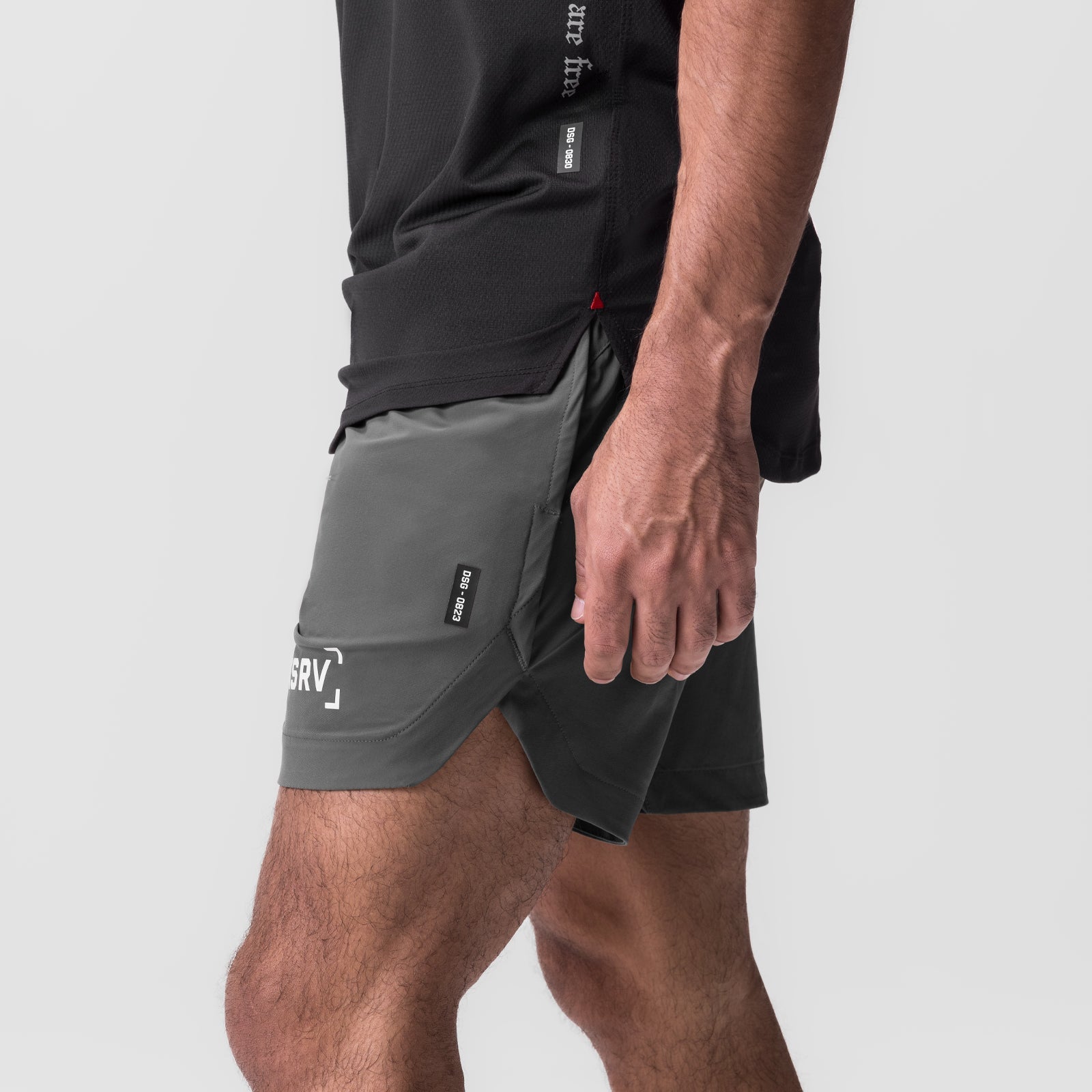 Tetra-Lite 7" Linerless Short in Space Grey, worn on model, side view