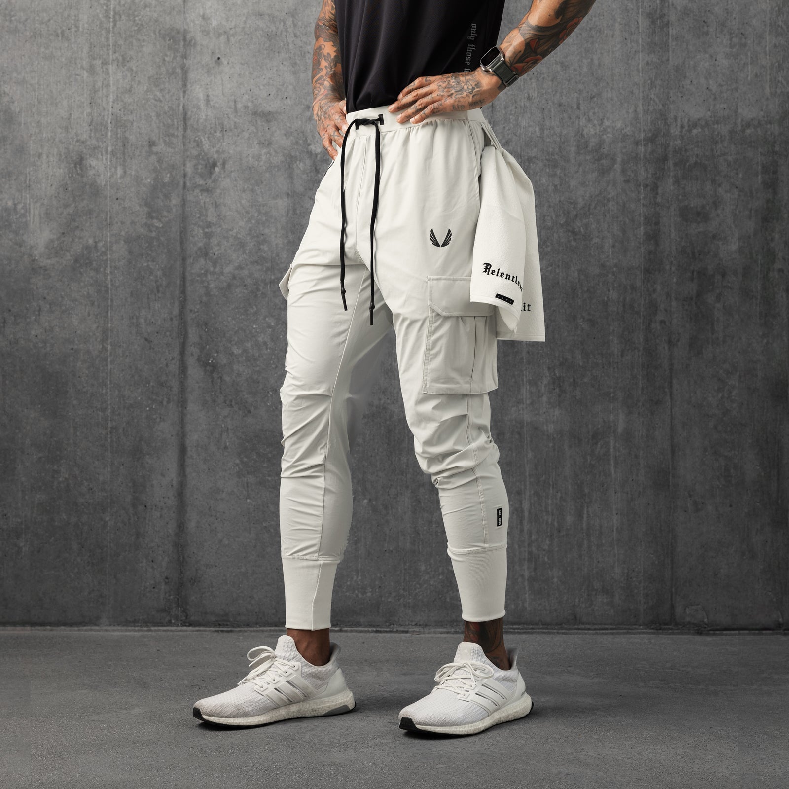 Tetra-Lite Cargo High Rib Jogger in stone worn by model, front view
