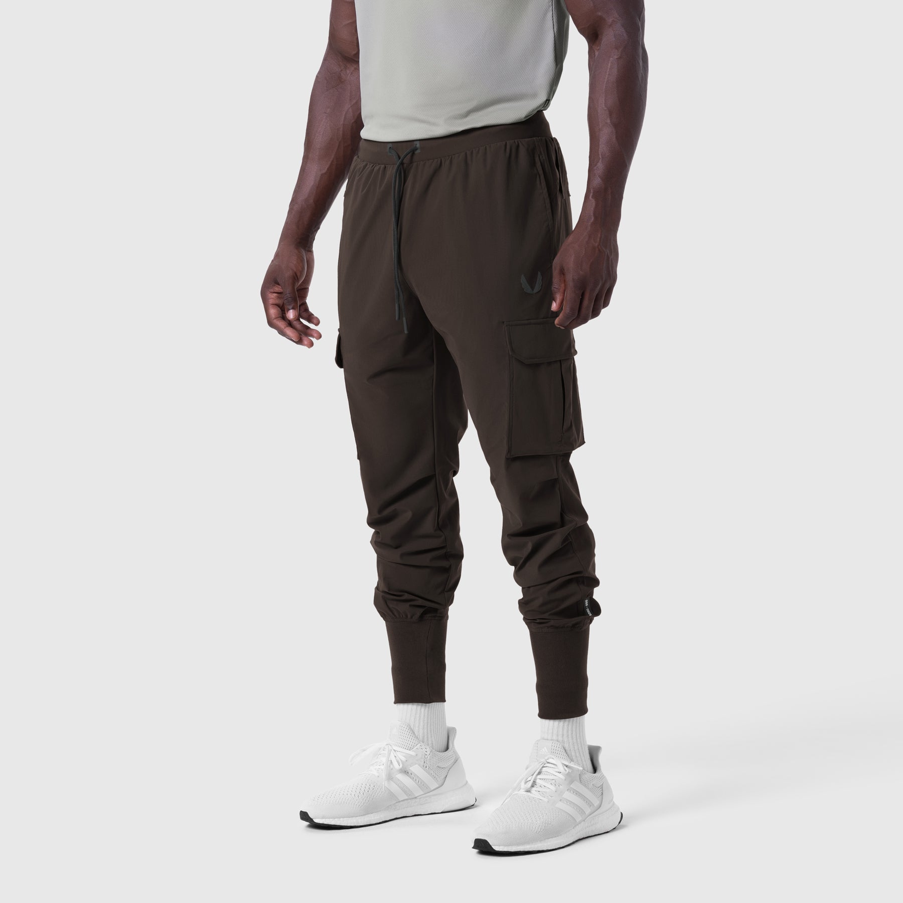 Tetra-Lite® Cargo High Rib Jogger in Dark Earth, worn by model, front view