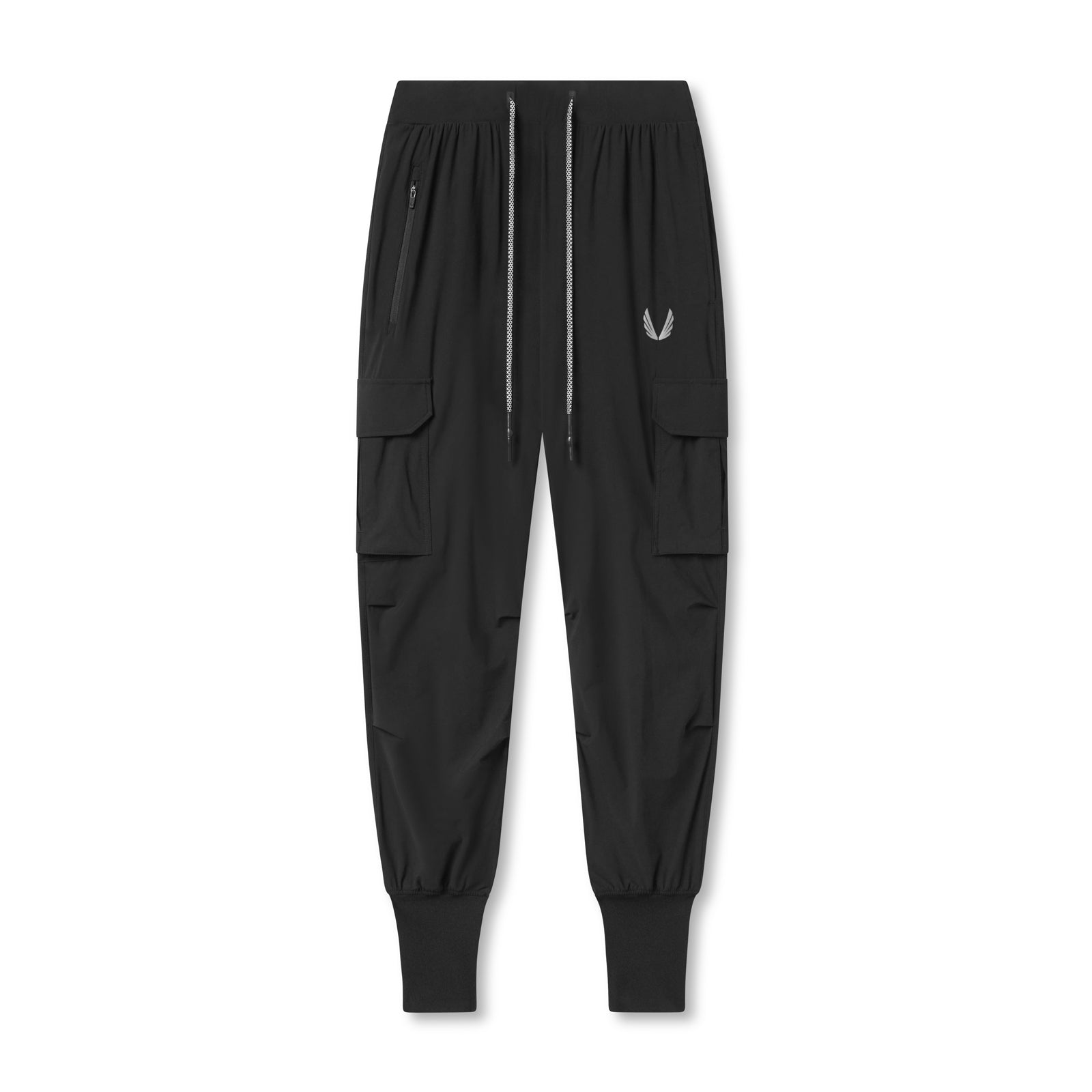flatlay Tetra-Lite® Cargo High Rib Jogger in black with reflective details, front view