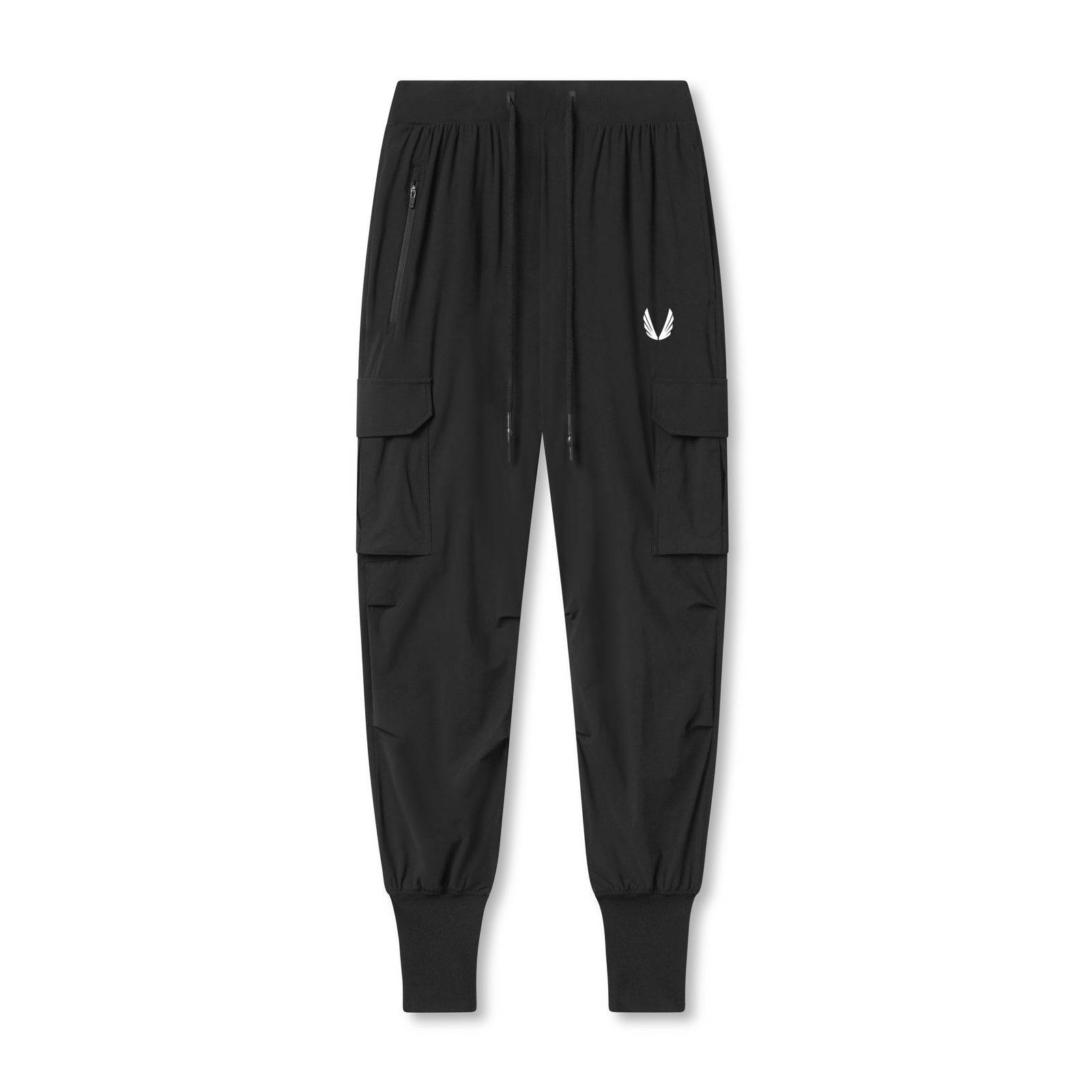 Flatlay of black Tetra-Lite Cargo High Rib Jogger with white wings logo, front view