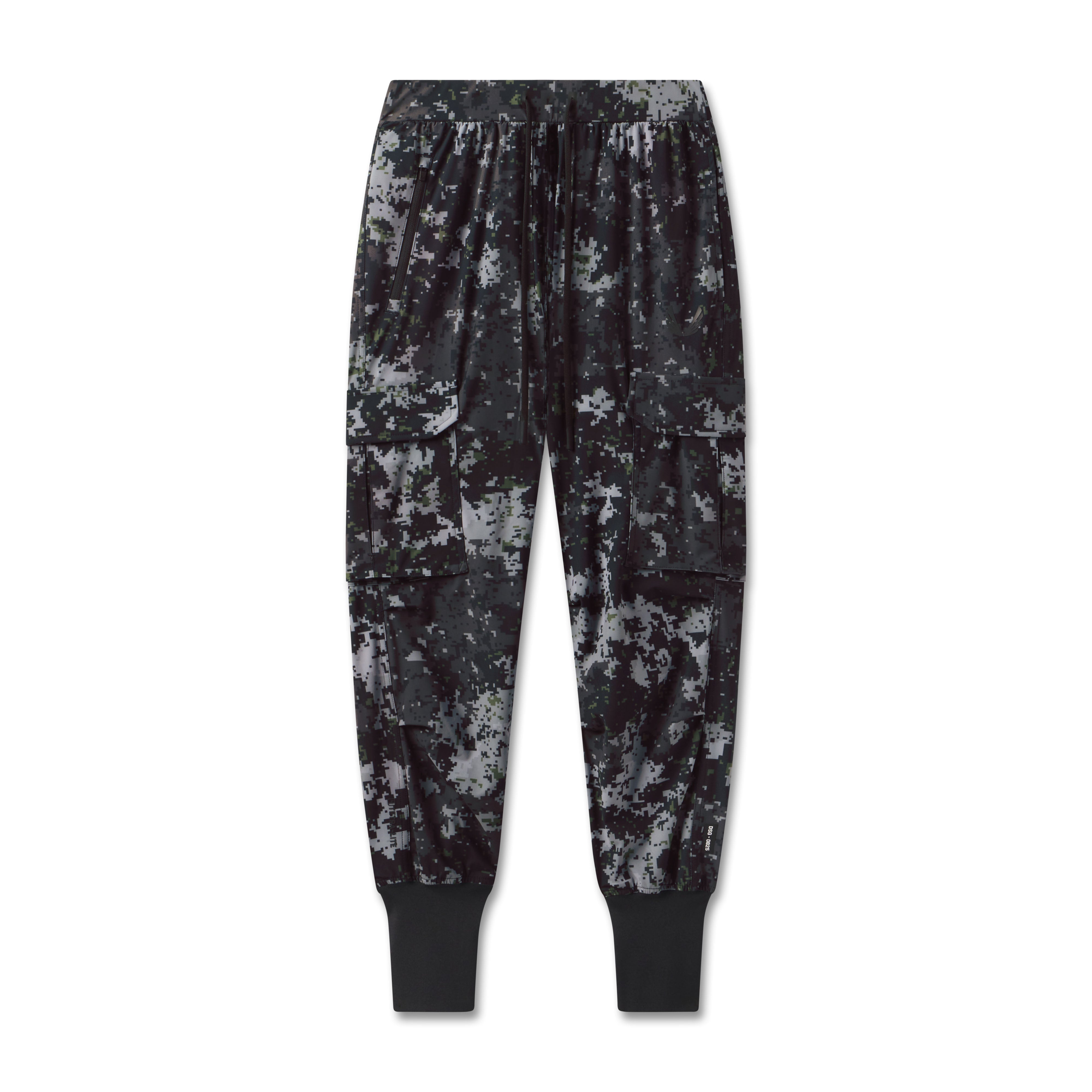 Flatlay of Tetra-Lite Cargo High Rib Jogger in black pixel camo, front view