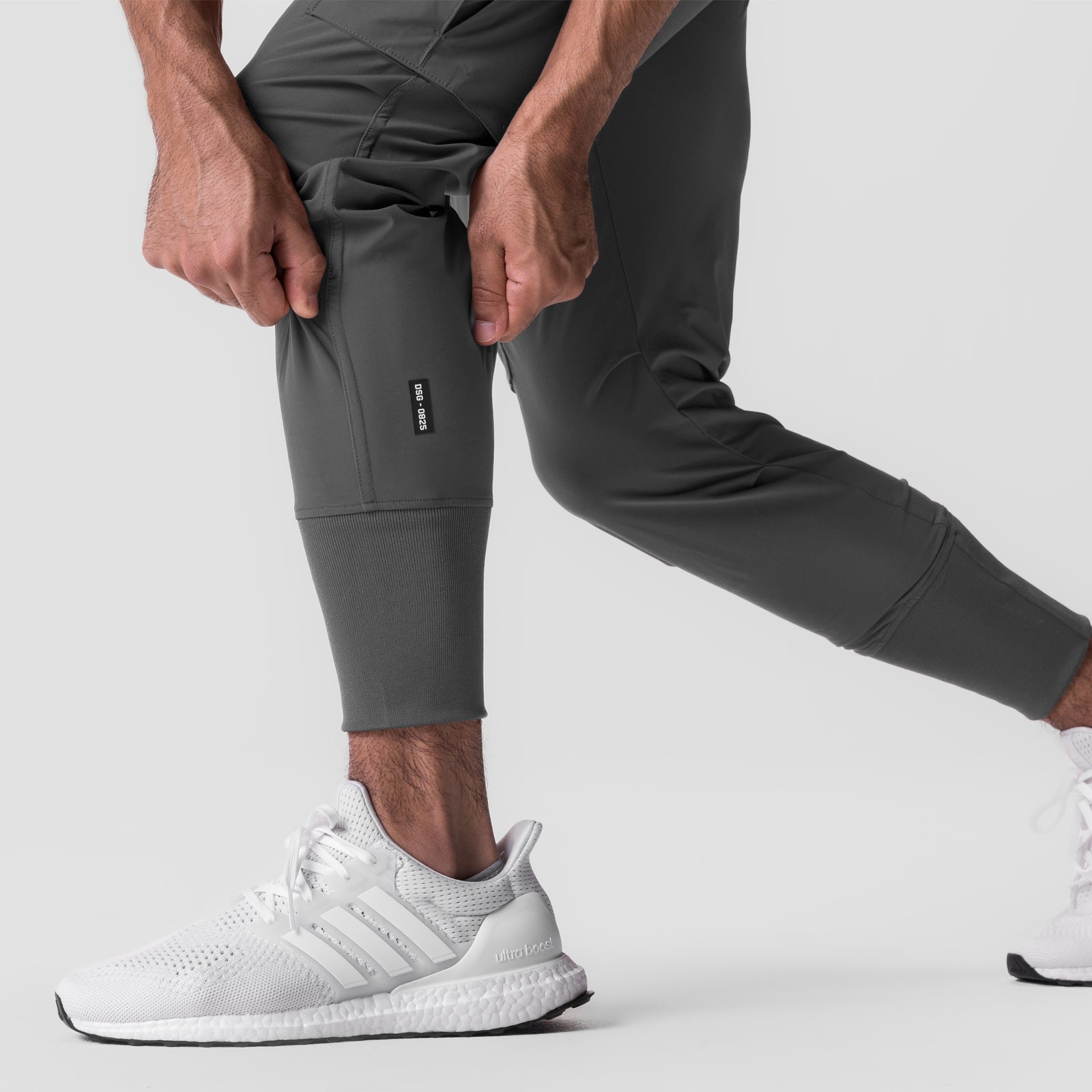 Tetra-Lite Cargo High Rib Jogger in Space Grey, worn by model showing calf and leg detail