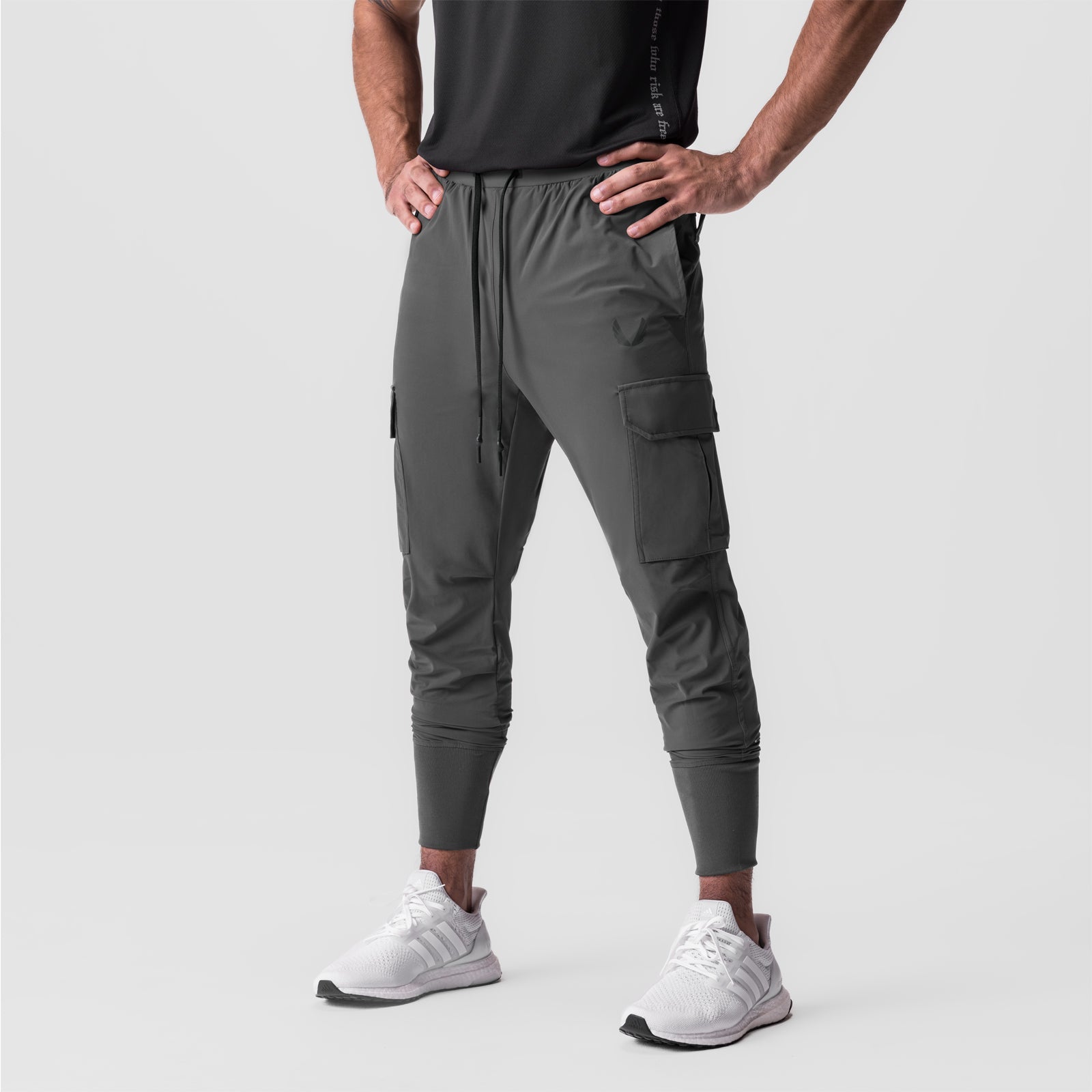 Tetra-Lite Cargo High Rib Jogger in space grey, front view on model