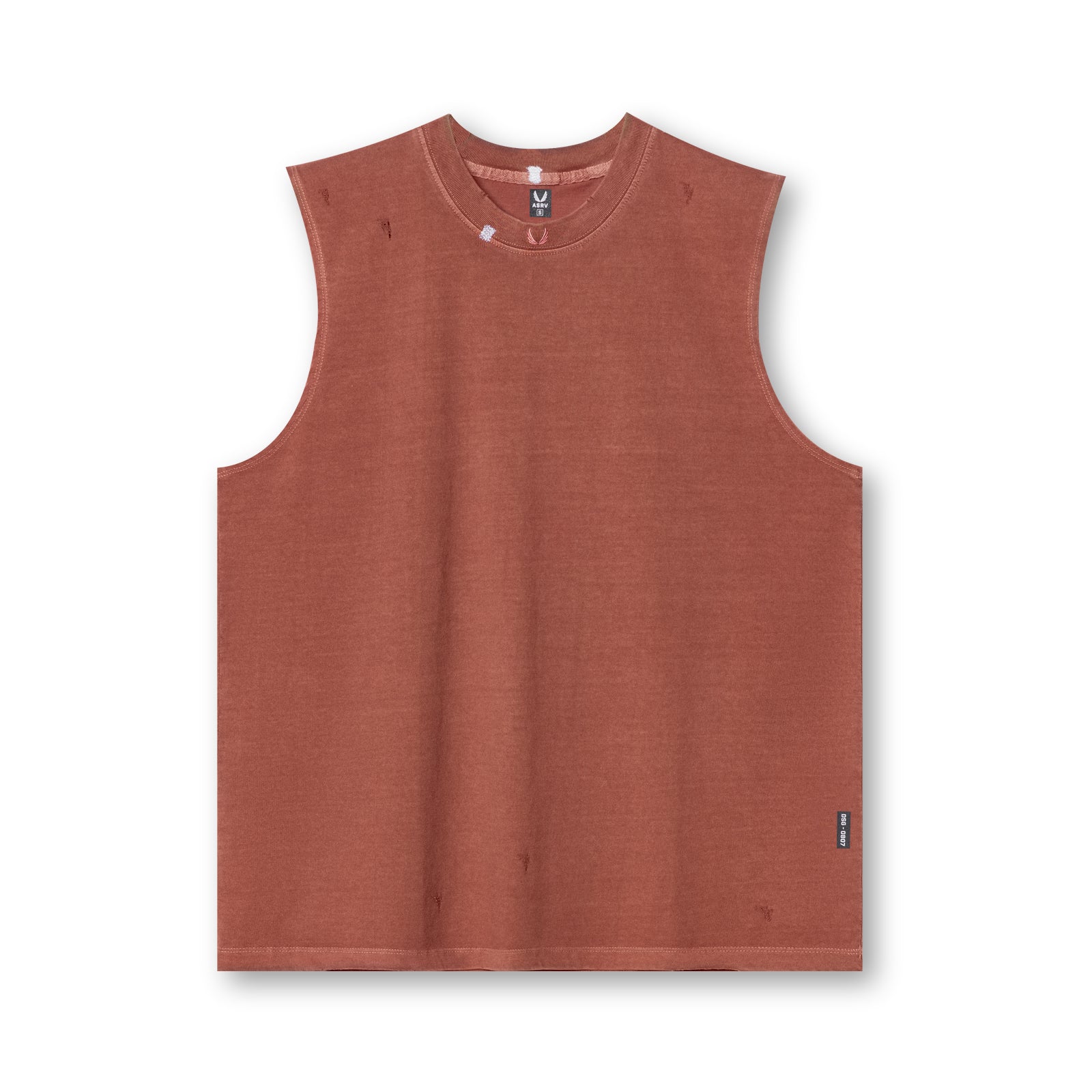 flatlay Tech Essential Relaxed Cutoff sleeveless tank in faded brick, front view