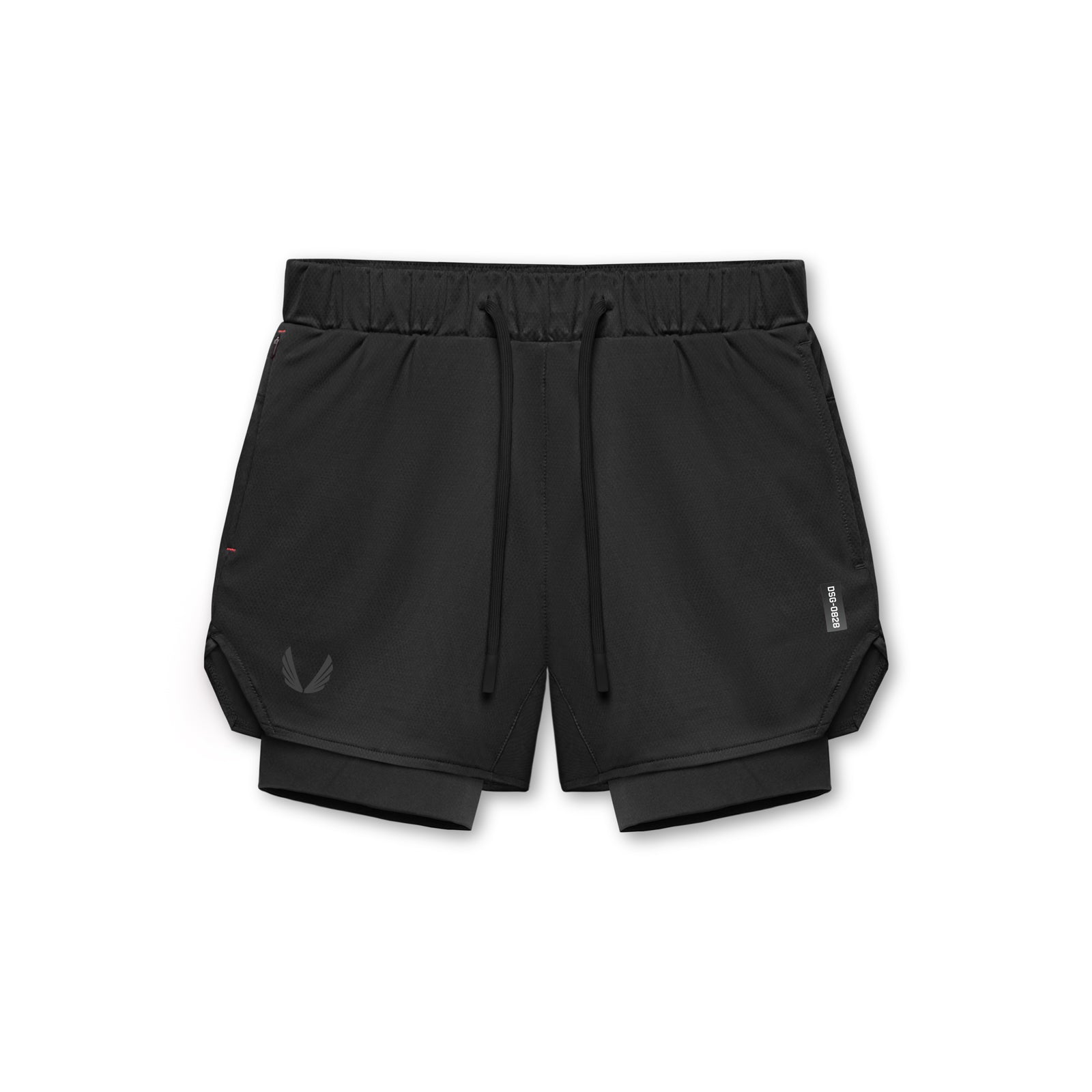 Flatlay of Silver-Lite 5" Liner Shorts in black with wings logo, front view
