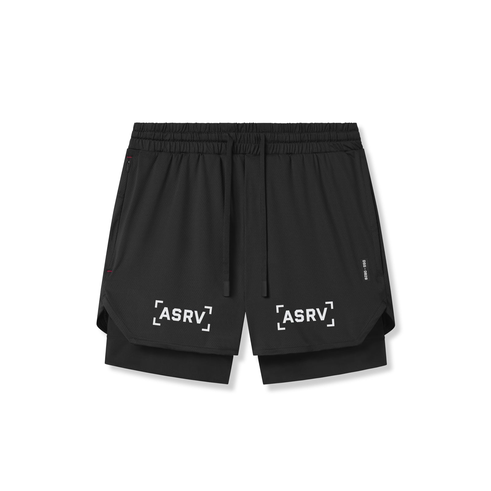 flatlay ASRV AeroSilver 5" Liner Short in black with bracket logo, front view