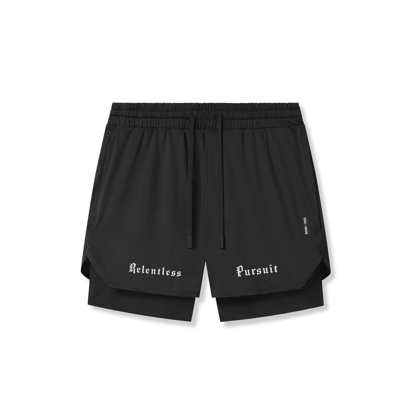 flatlay AeroSilver 5" Liner Short in black with 'Relentless Pursuit' text, front view