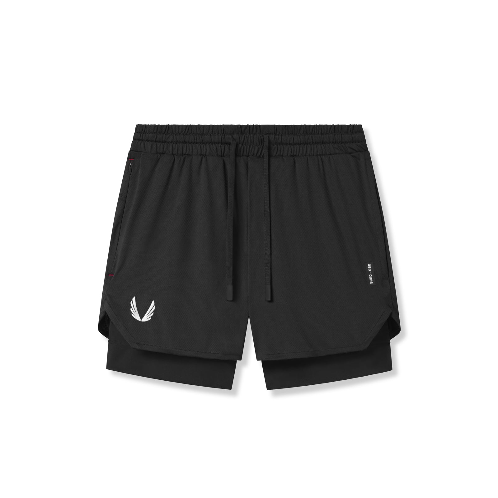 Flatlay of AeroSilver 5" liner shorts in black with white wings logo, front view