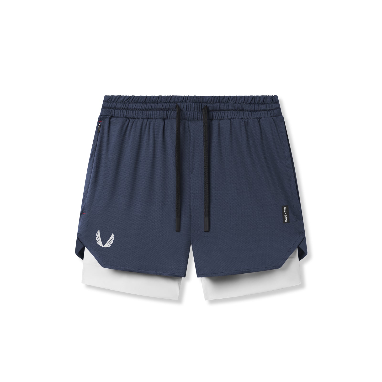 Flatlay of Silver-Lite™ 5" Liner Short in navy with white wings logo and white underlay, top view