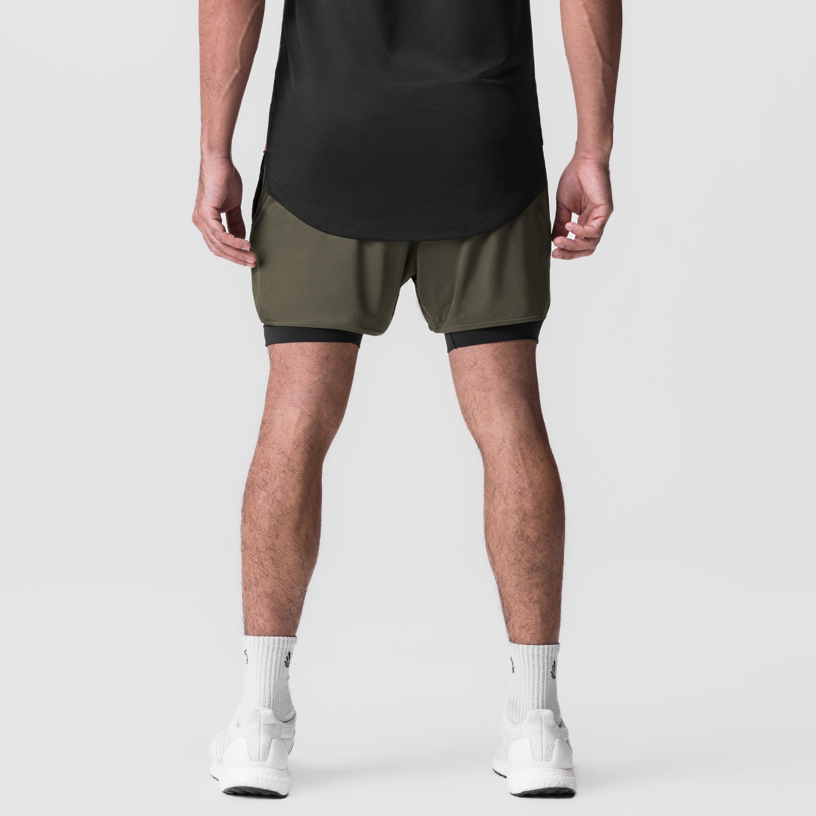 Silver-Lite 5" Liner Short in olive and black, worn by model, back view