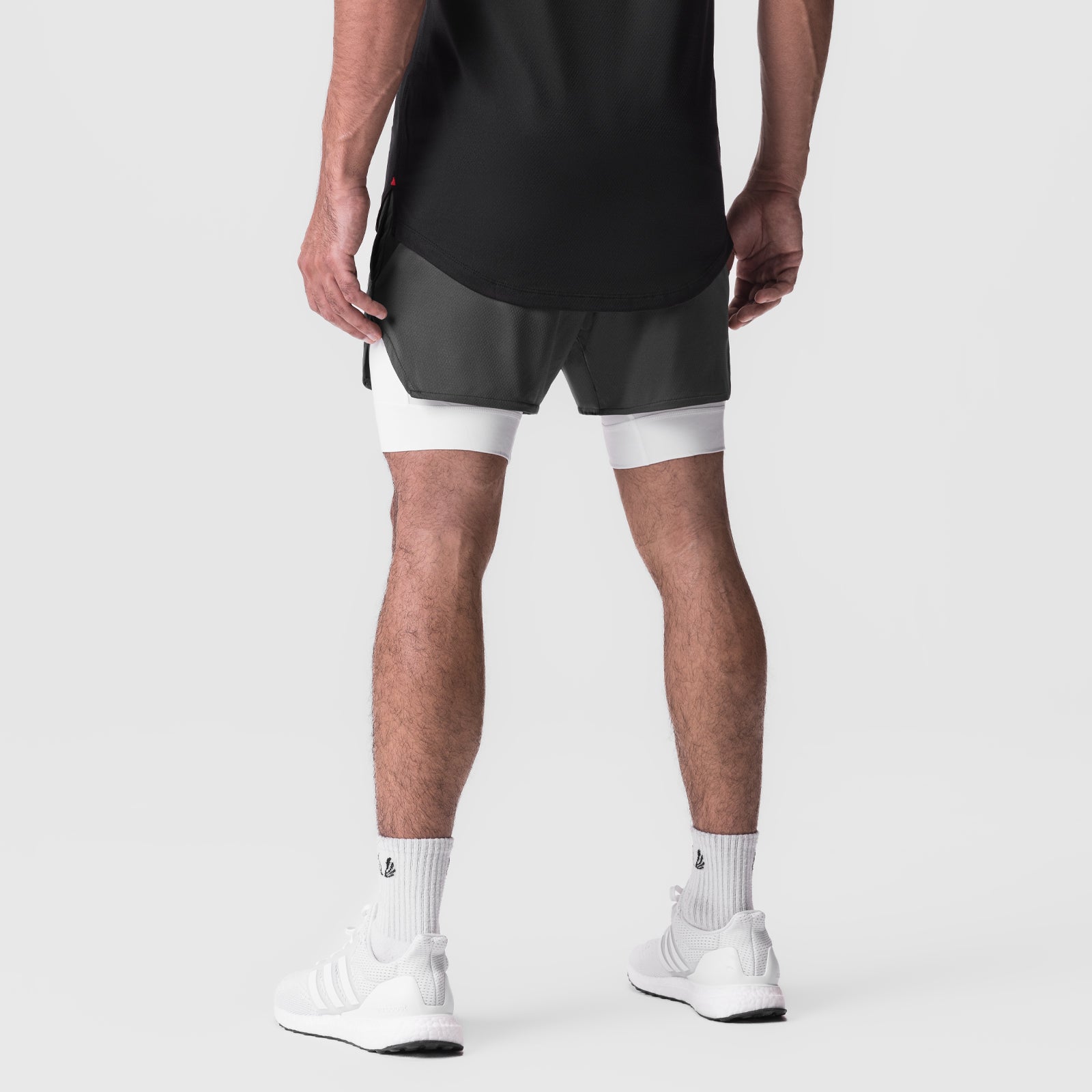Silver-Lite 5" Liner Short in Space Grey and White, worn by model from behind