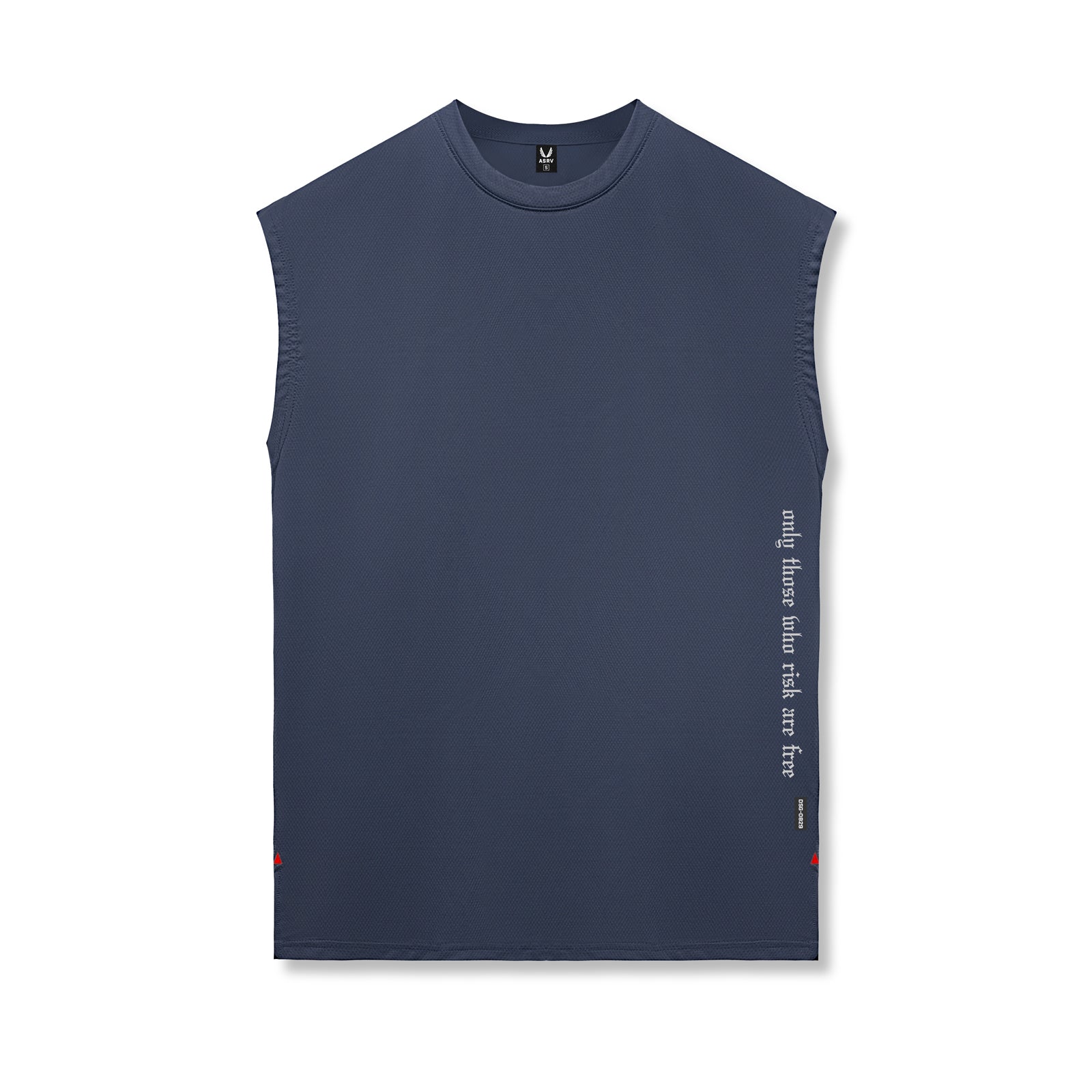 Flatlay of Silver-Lite™ 2.0 Oversized Cutoff sleeveless tank in navy with OTWR text detail