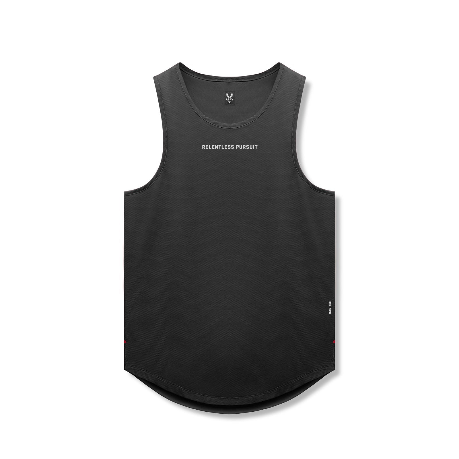 flatlay AeroSilver Tank Top in black with 'Relentless Pursuit' text, front view