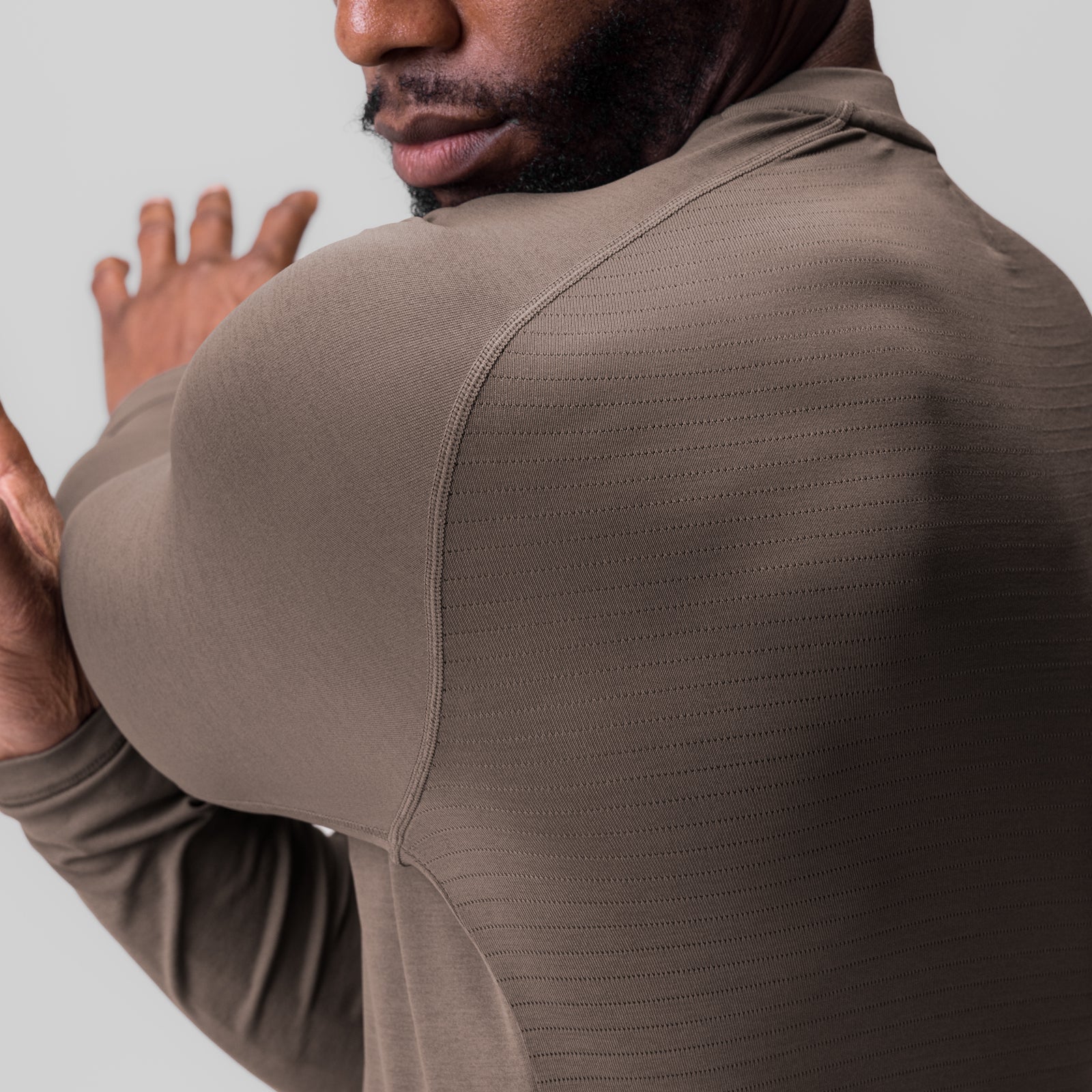 3D-Lite® 2.0 Fitted Long Sleeve in deep taupe, model wearing shirt shown from back