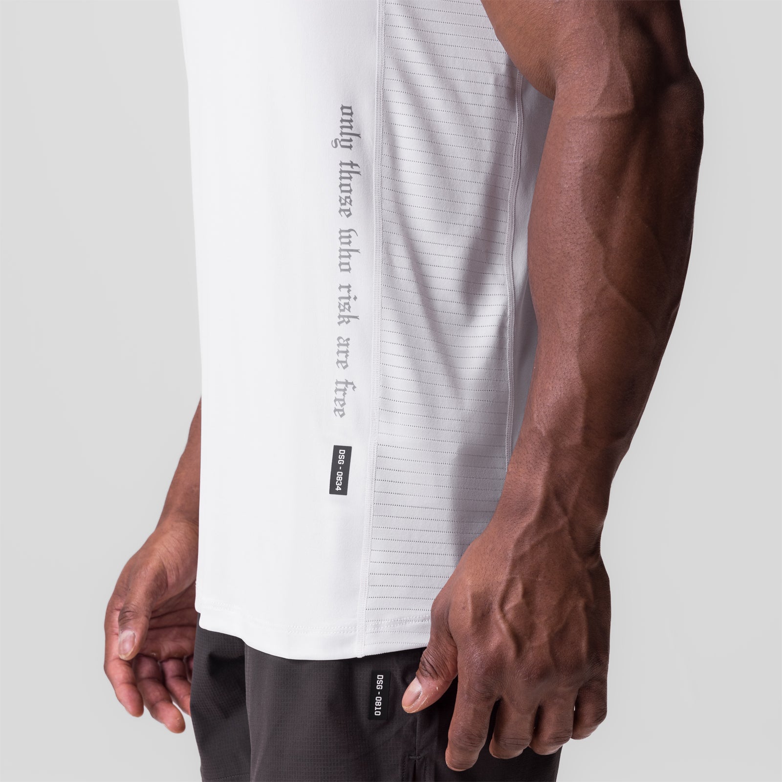 White 0834 3D-Lite Training Singlet worn by model, side view