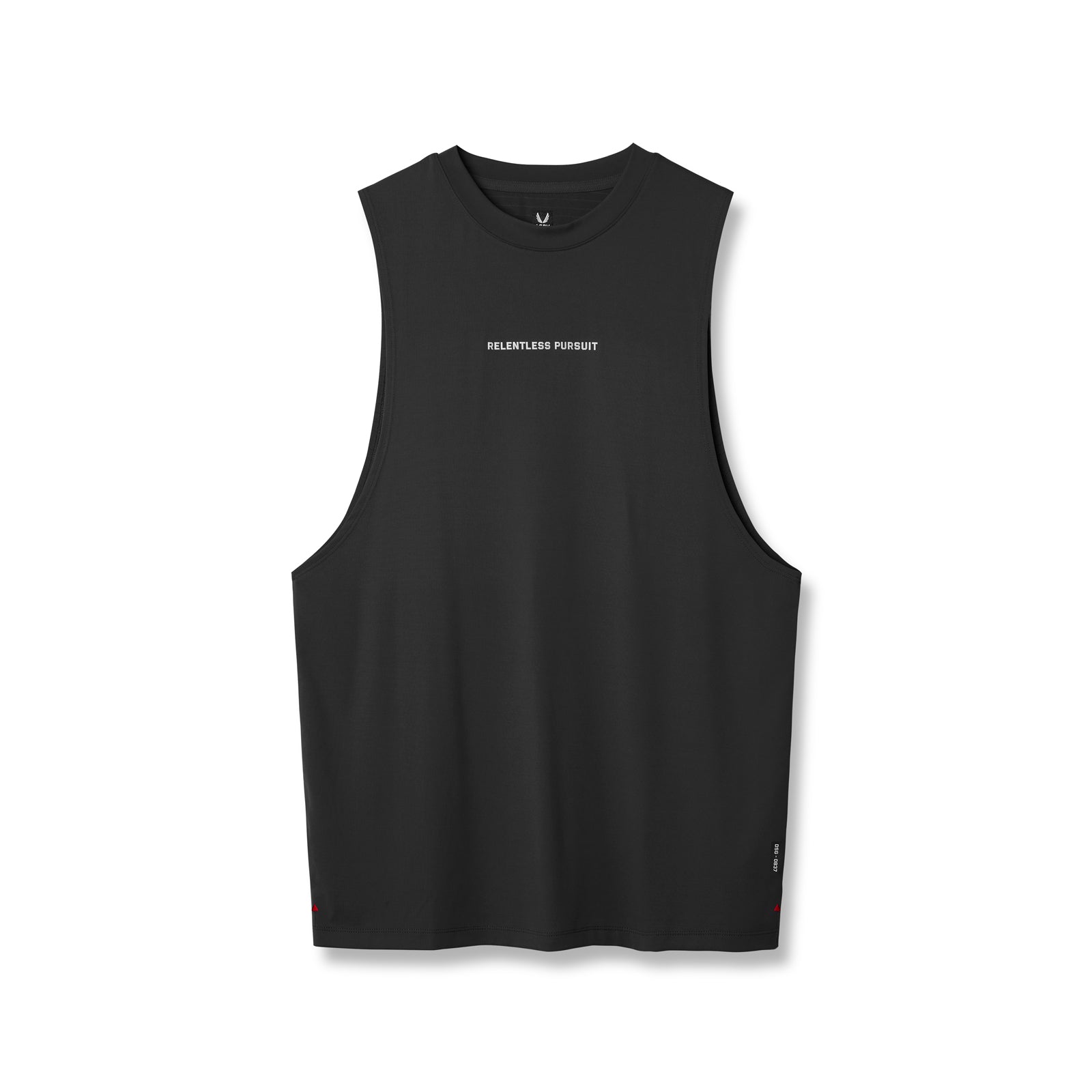 Flatlay of black 3D-Lite® 2.0 Lycra® muscle tank with 'RELENTLESS PURSUIT' text, front view