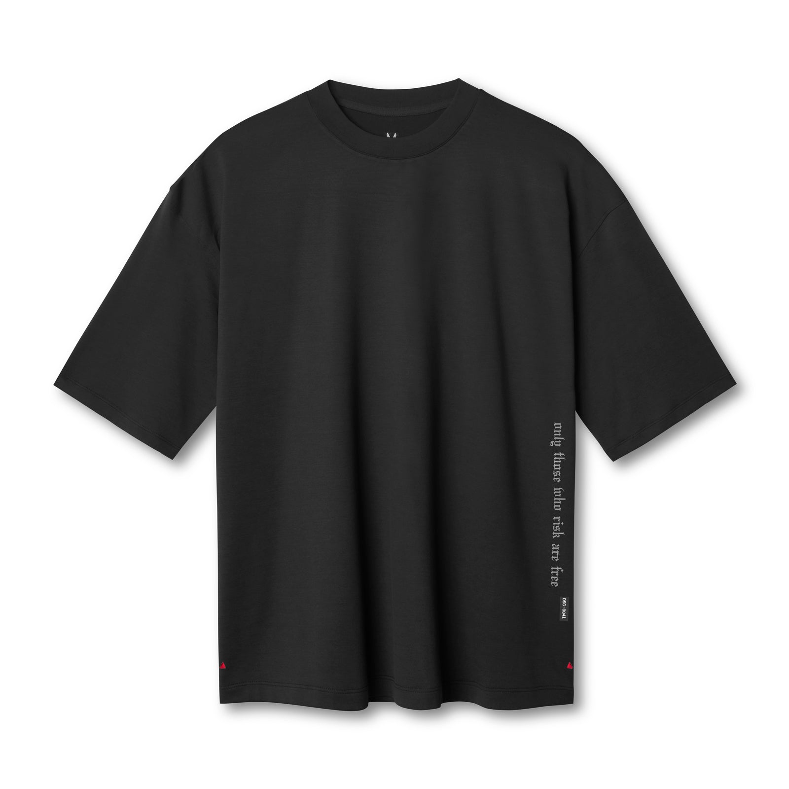 Black 3D-Lite 2.0 oversized tee with vertical text on side, front view on flat surface