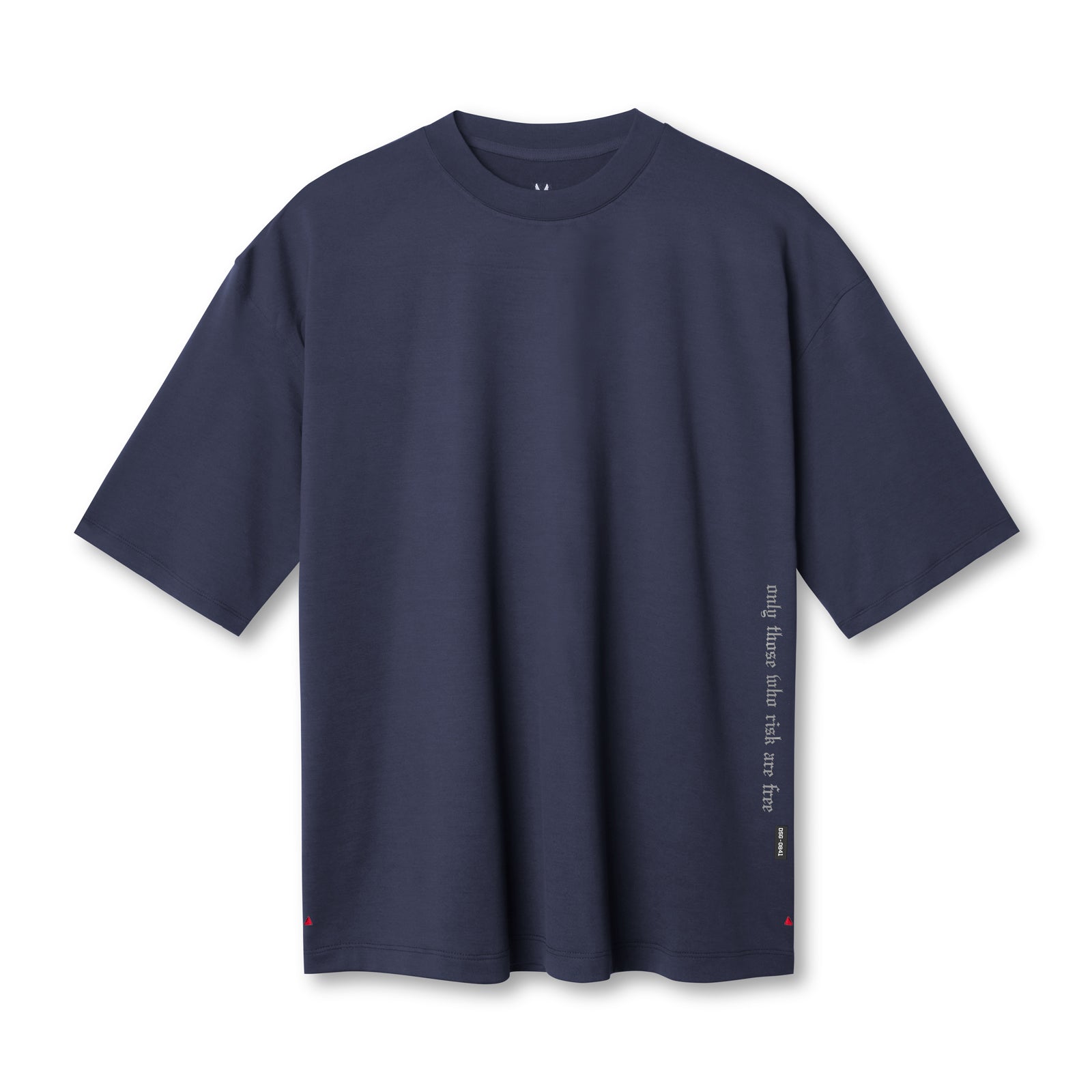 Flatlay of 3D-Lite 2.0 3/4-sleeve oversized tee in navy with OTWR text graphic, front view