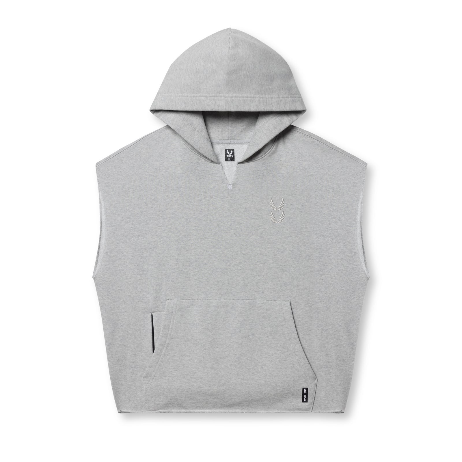 flatlay Tech Essential Raw Hem Cutoff Hoodie in heather grey, front view