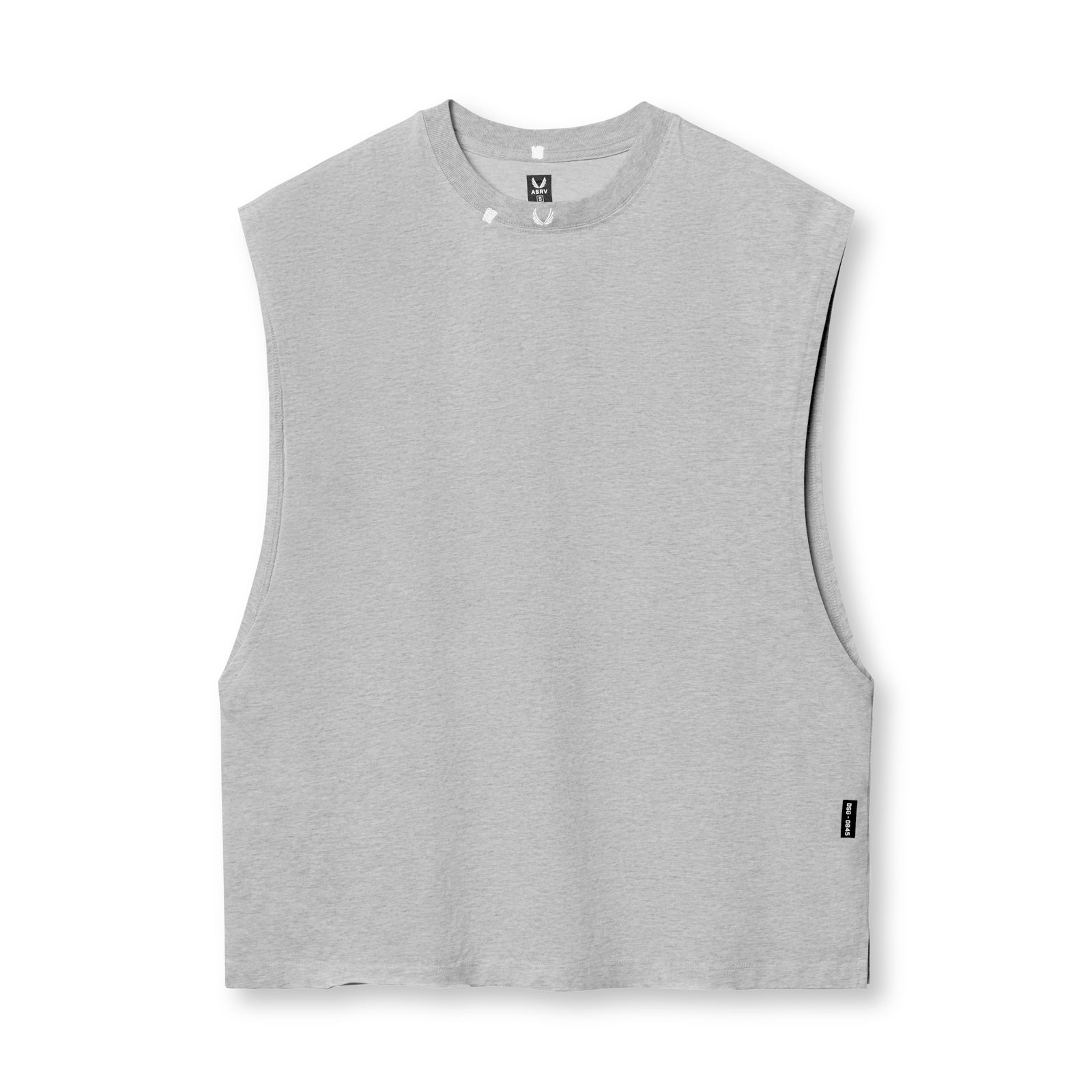 flatlay Tech Essential Rocker Cutoff sleeveless tank in heather grey, front view