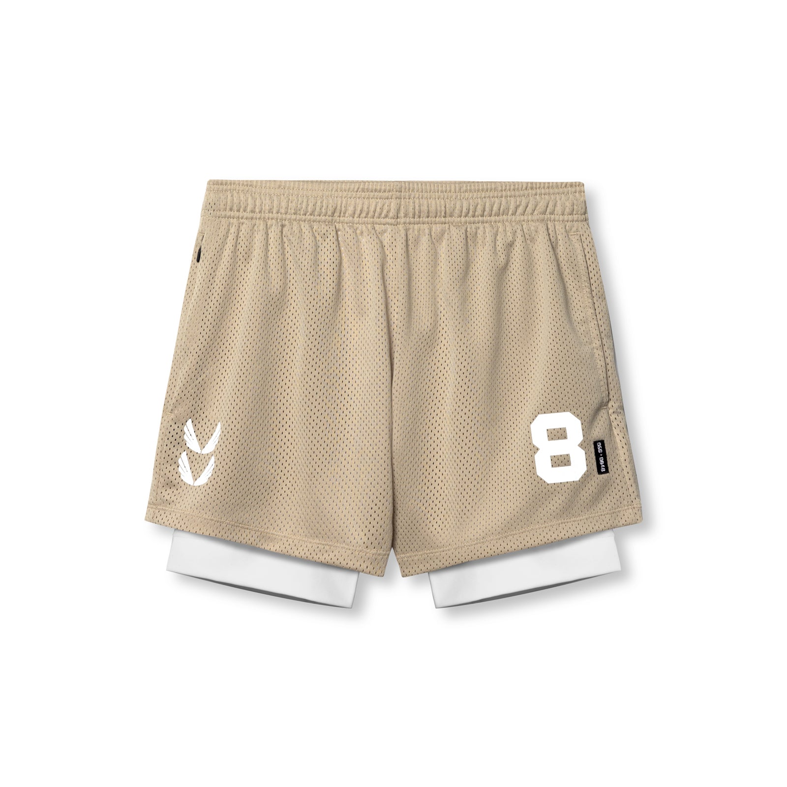 flatlay SilverPlus™ Mesh 5" Liner Short in khaki and white, front view