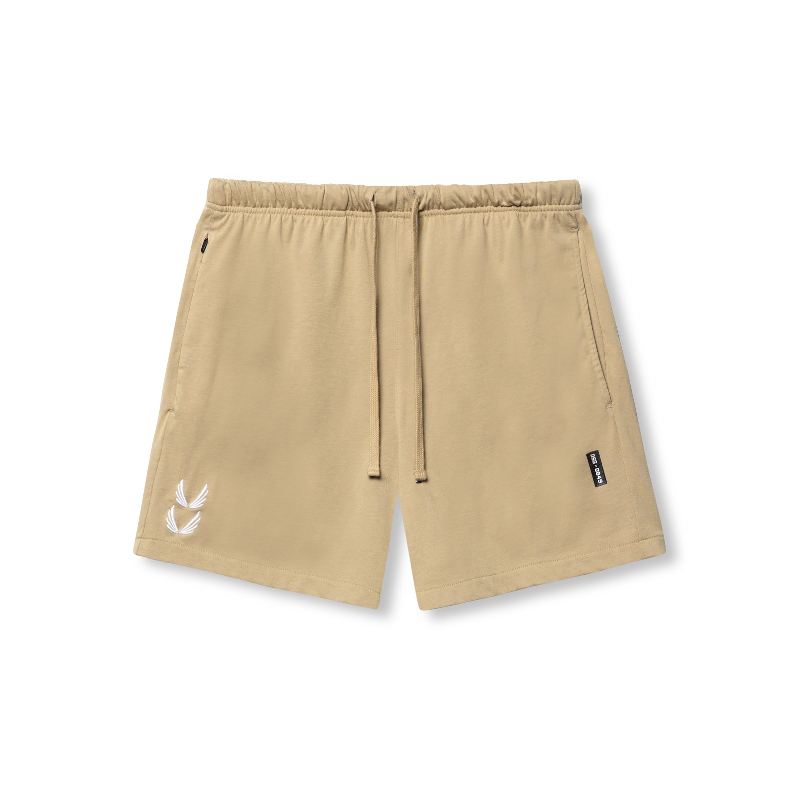 flatlay Tech Essential Sweat Short in khaki, front view