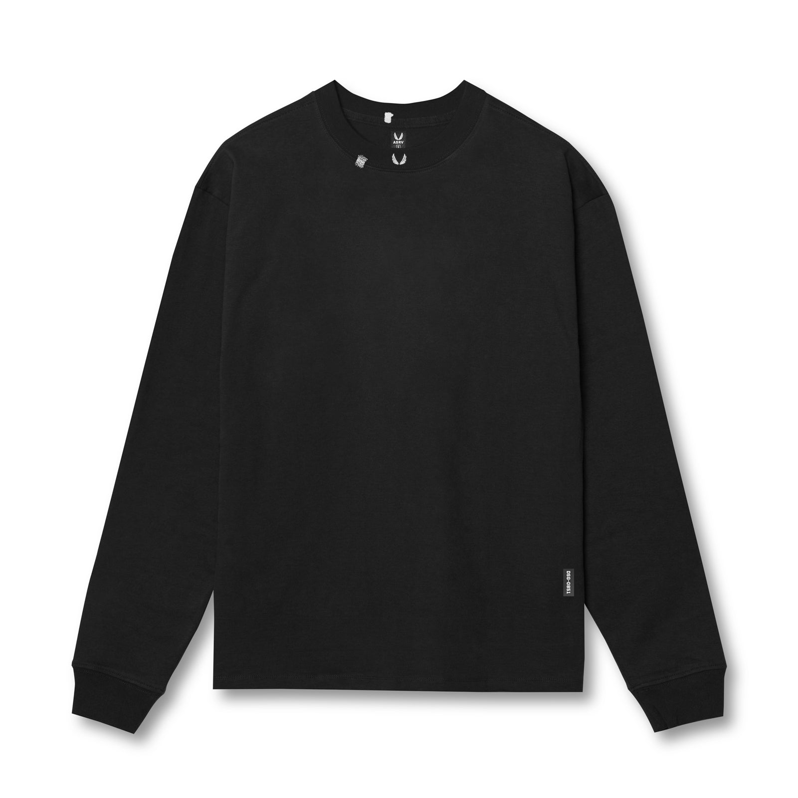 flatlay Tech Essential Relaxed Long Sleeve black shirt, front view