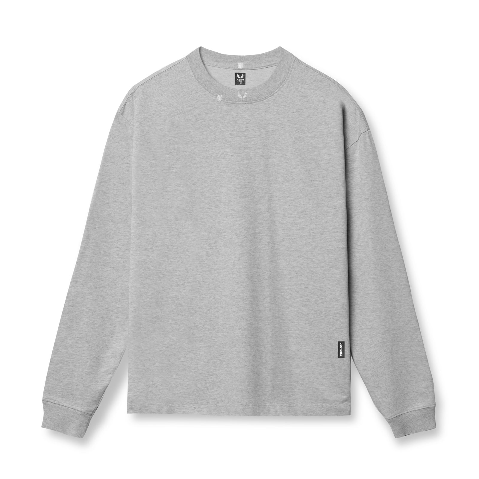 flatlay Tech Essential Relaxed Long Sleeve in heather grey, front view