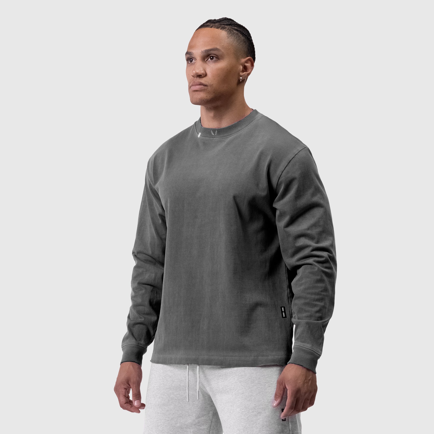 Tech Essential™ Relaxed Long Sleeve in Faded Grey worn by model, front view