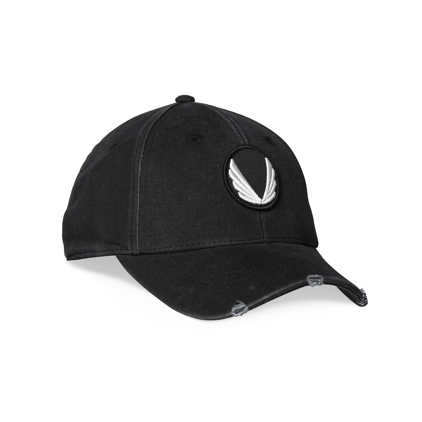 flatlay Distressed Patch Logo Hat in black with white wings emblem, front view