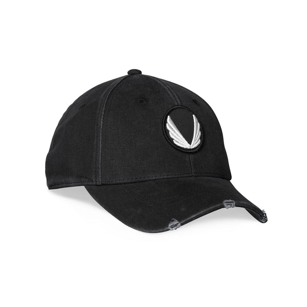 0856. Distressed Patch Logo Hat - Black/White "Wings"