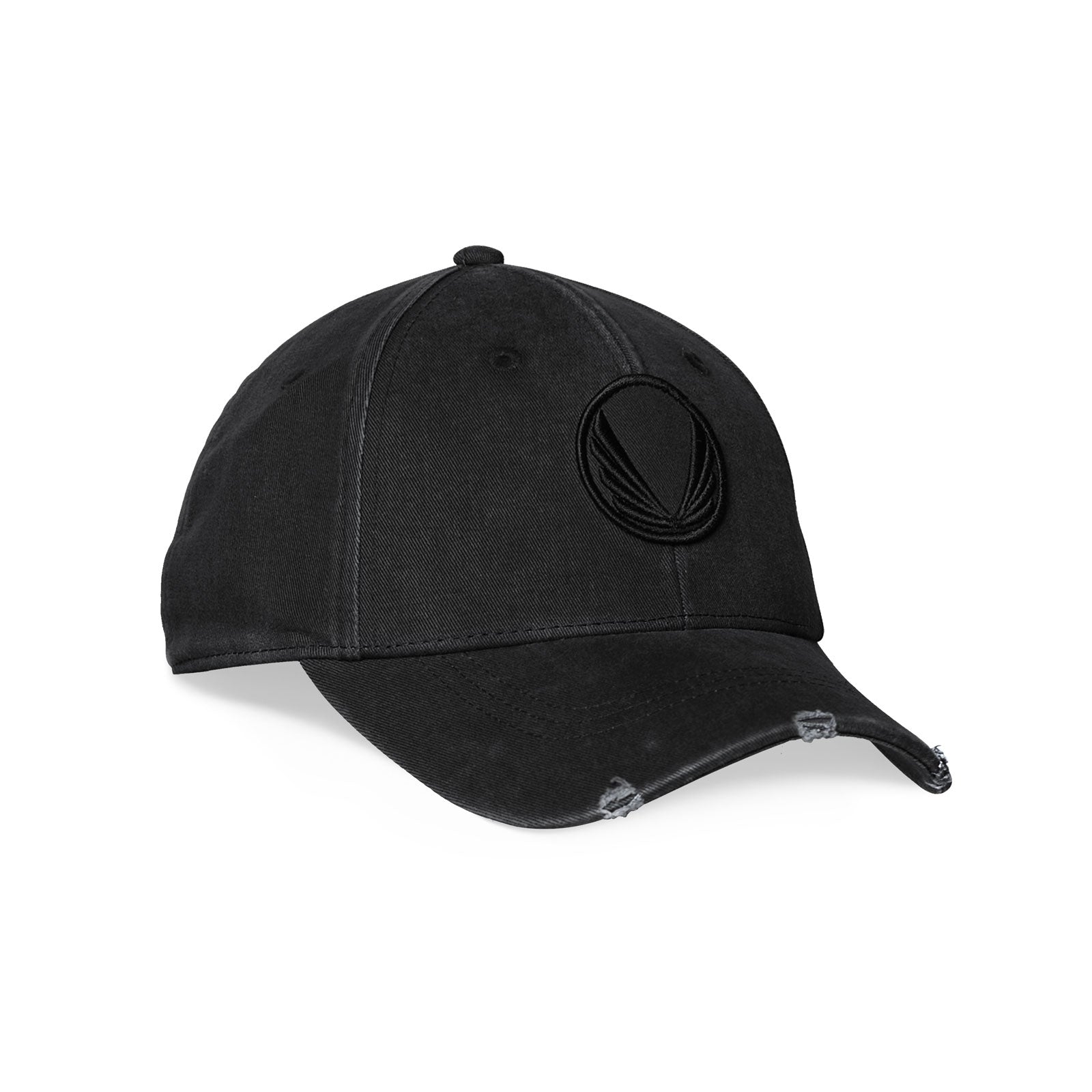 Black distressed patch logo hat with wings emblem, angled side view on white background