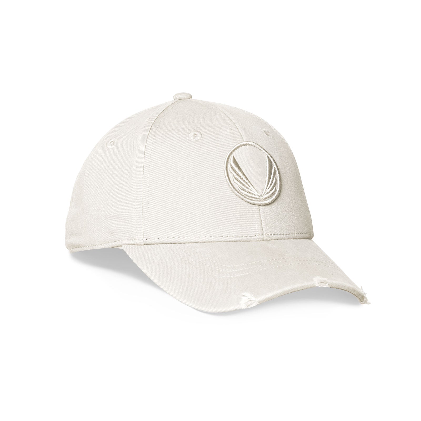 flatlay Distressed Patch Logo Hat in ivory cream with cream wings logo, front view