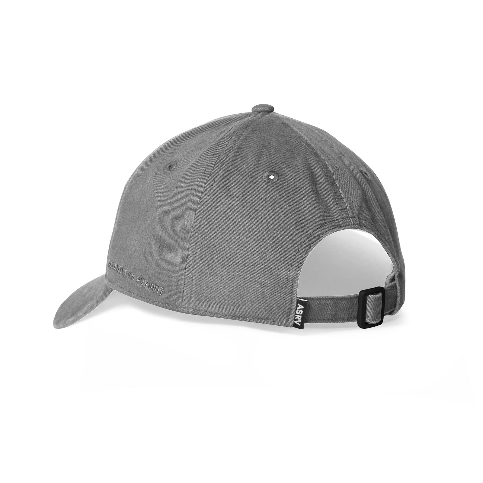 Grey distressed patch logo hat with back strap adjustment, rear three-quarter view