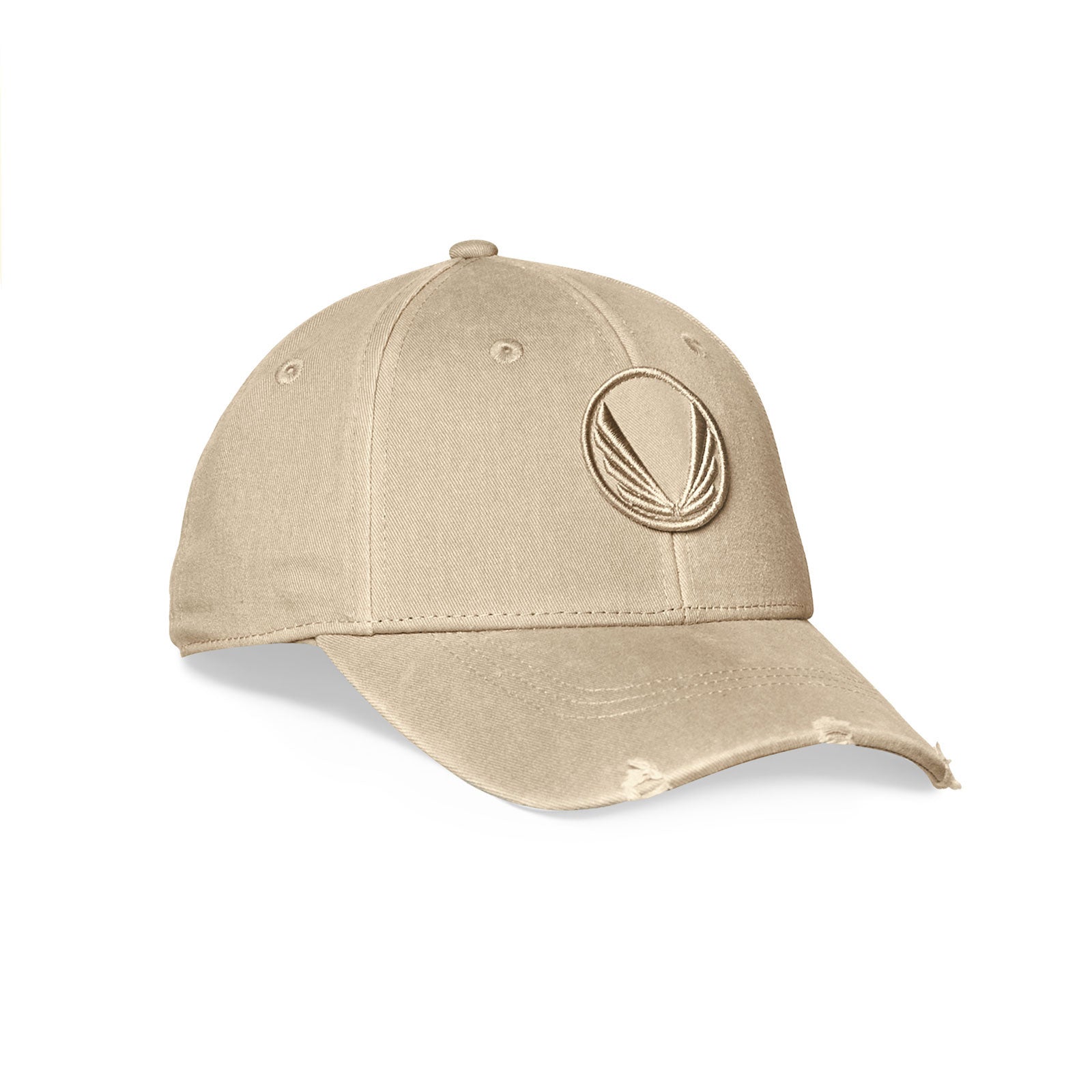 Distressed Patch Logo Hat in khaki with wings emblem, angled side view