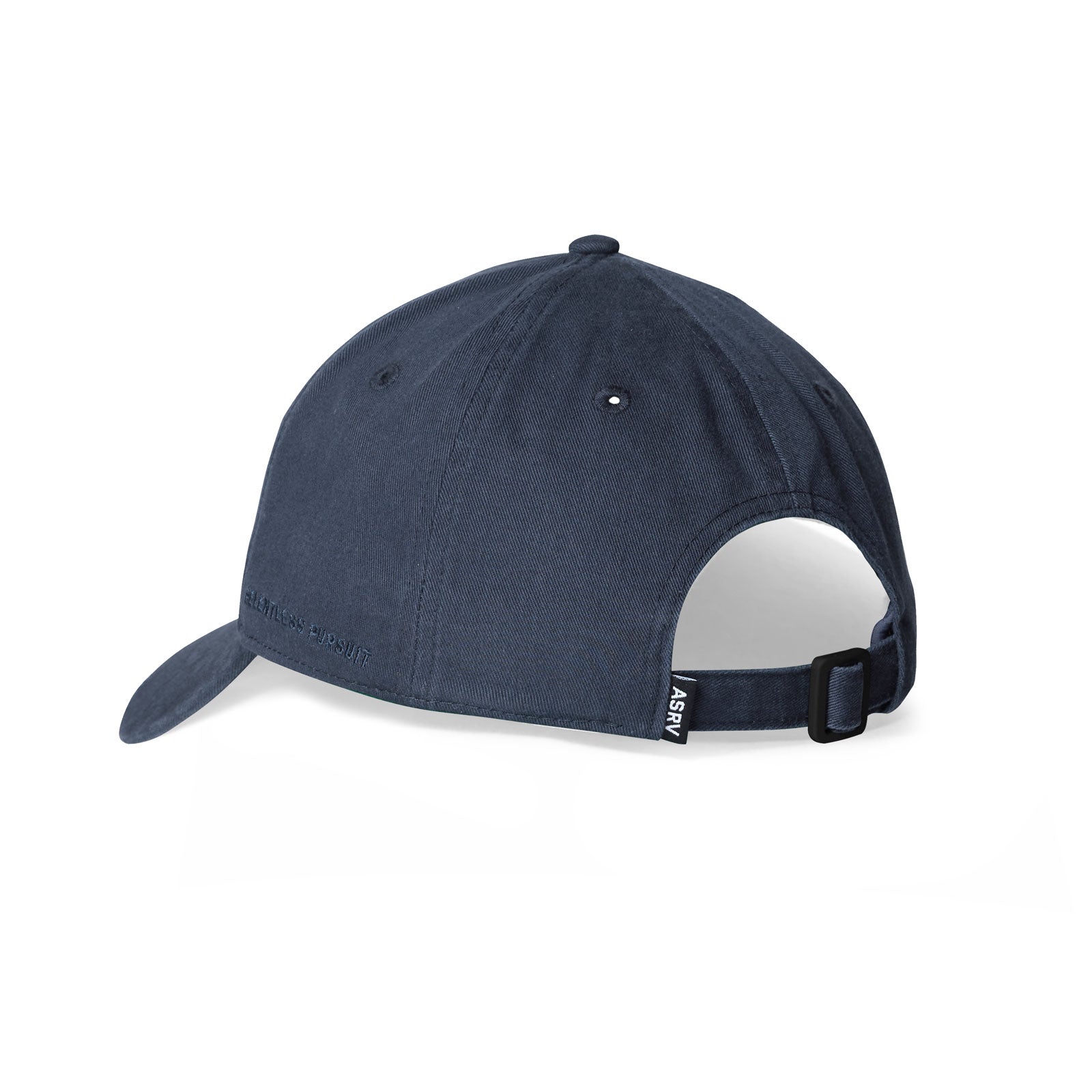 Navy distressed patch logo baseball cap shown from back view on white background