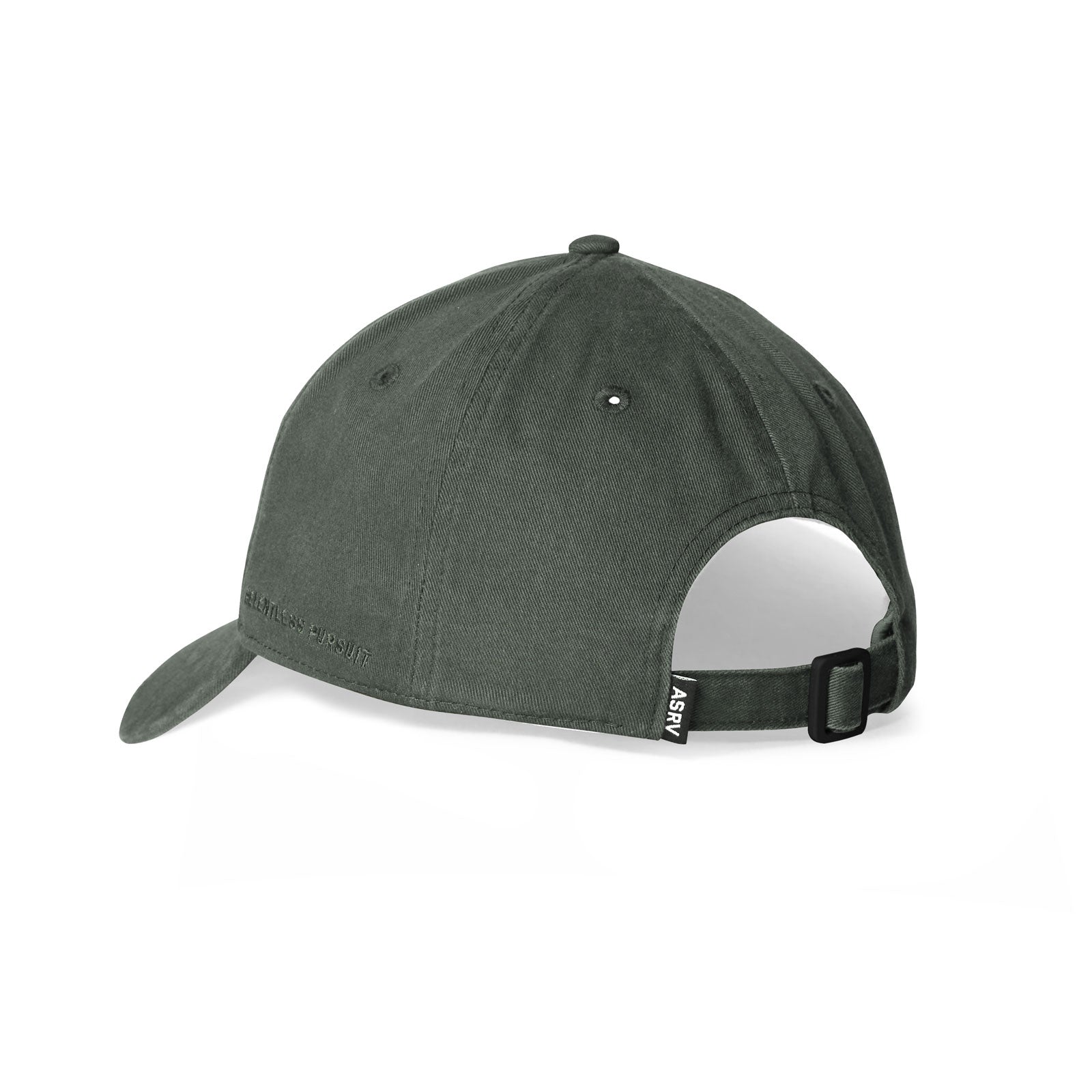 Distressed Patch Logo Hat in olive, back view showing adjustable strap