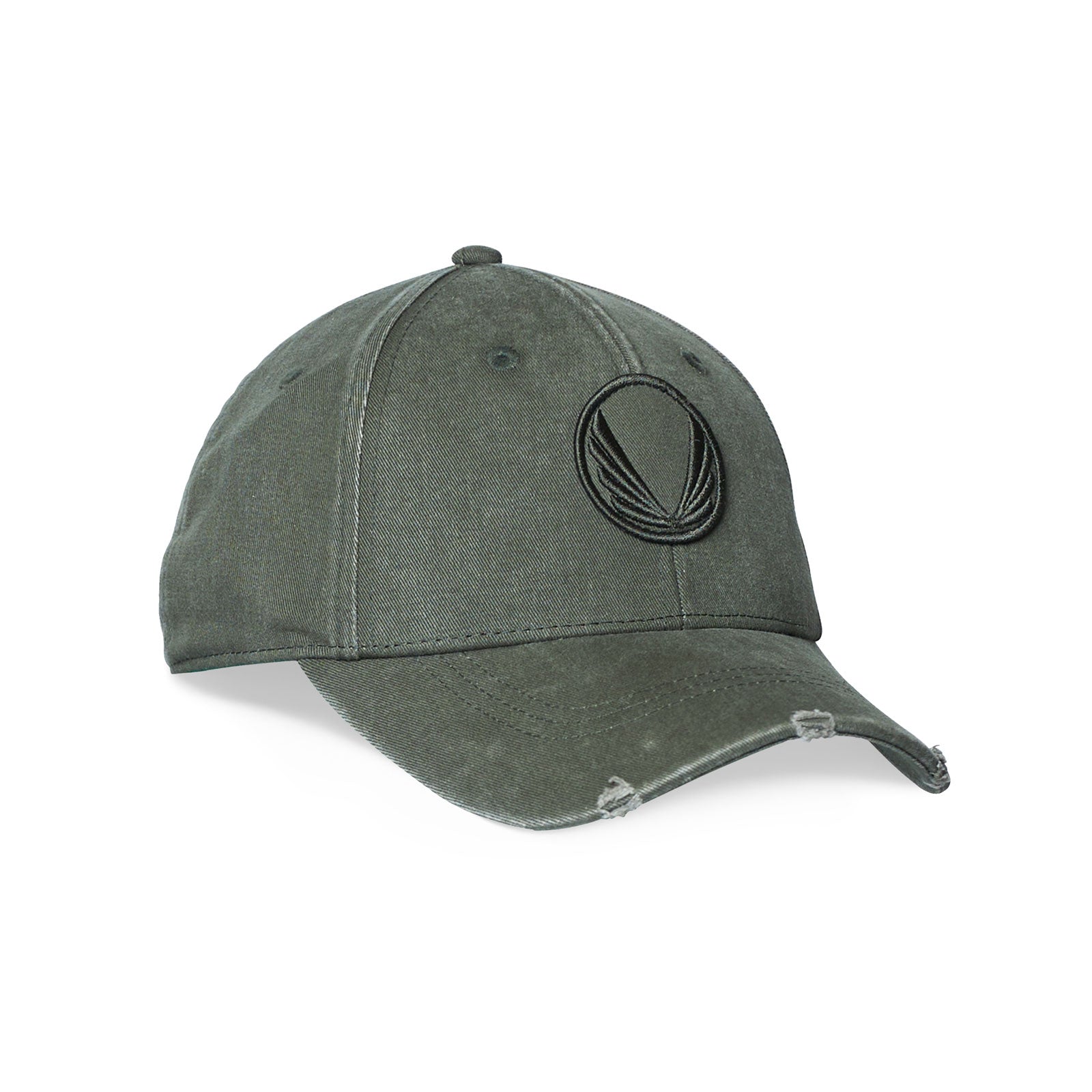 Flatlay of distressed patch logo hat in olive with wings emblem, front view