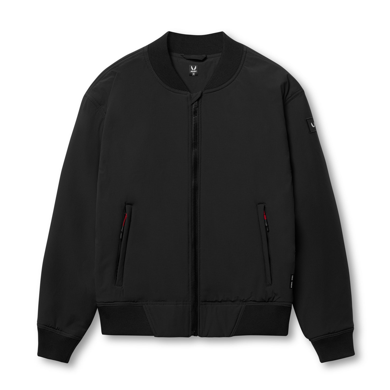 flatlay of black ripstop insulated bomber jacket, front view