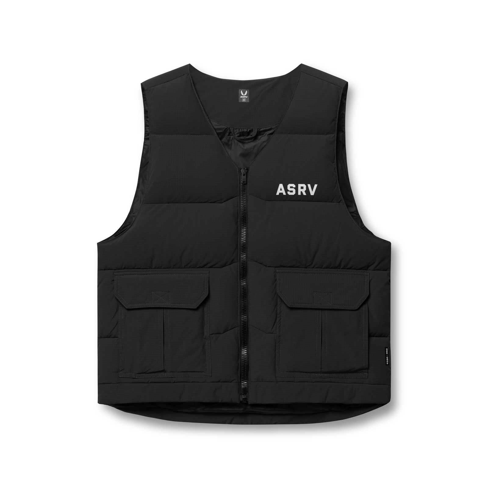 flatlay of black ripstop insulated puffer gilet with front pockets and ASRV logo