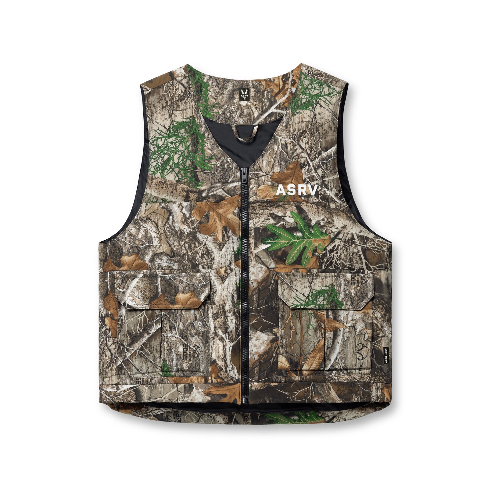 Flatlay of ASRV Ripstop Insulated Puffer Gilet in Realtree Camo, front view