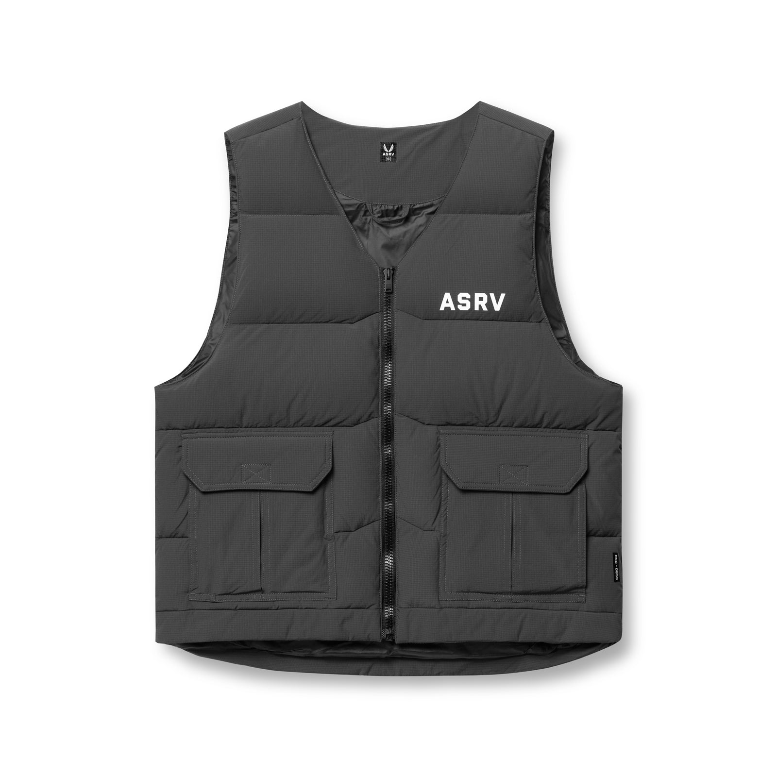 flatlay ASRV Ripstop Insulated Puffer Gilet in space grey, front view